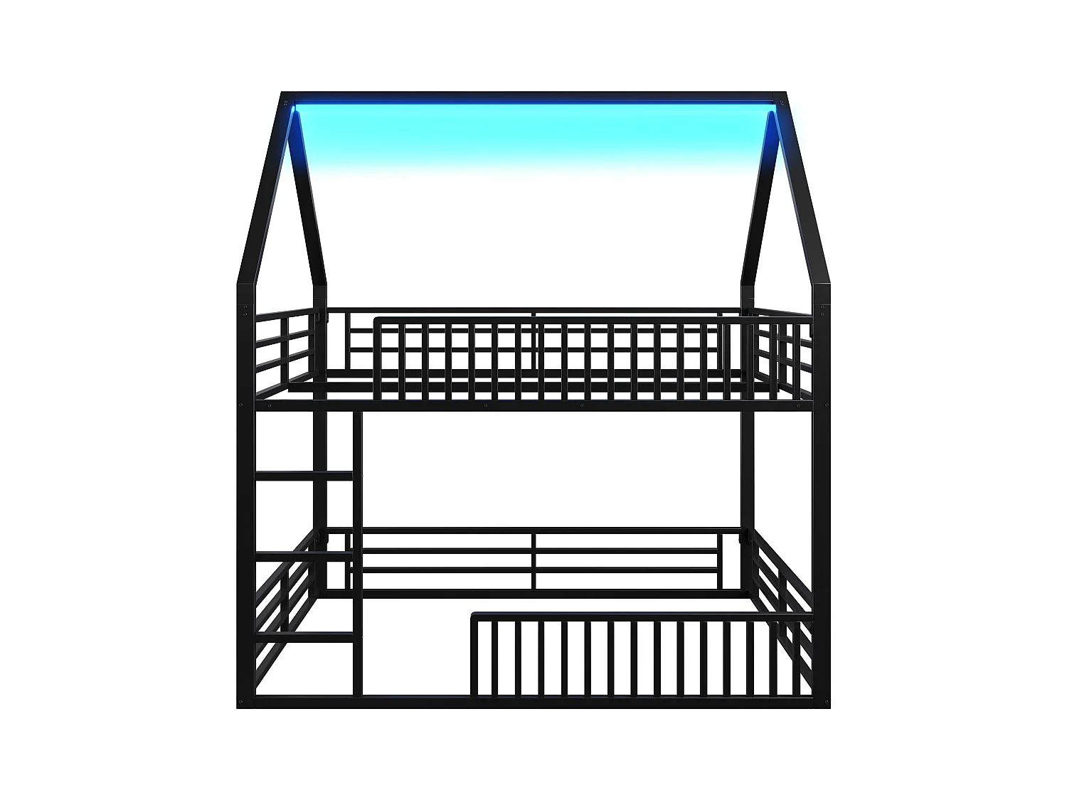 Lit superposé enfant 140 x 200 cm - design en forme de maison - avec clôture et éclairage LED - Noir (sans matelas)