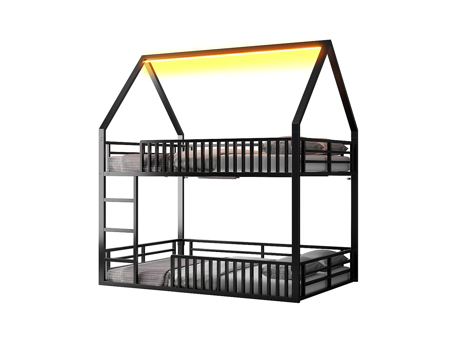 Lit superposé enfant 140 x 200 cm - design en forme de maison - avec clôture et éclairage LED - Noir (sans matelas)
