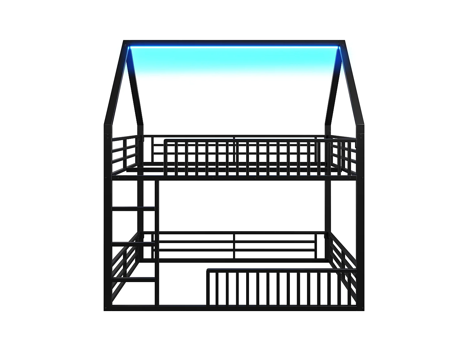 Lit superposé enfant 140 x 200 cm - design en forme de maison - avec clôture et éclairage LED - Noir (sans matelas)