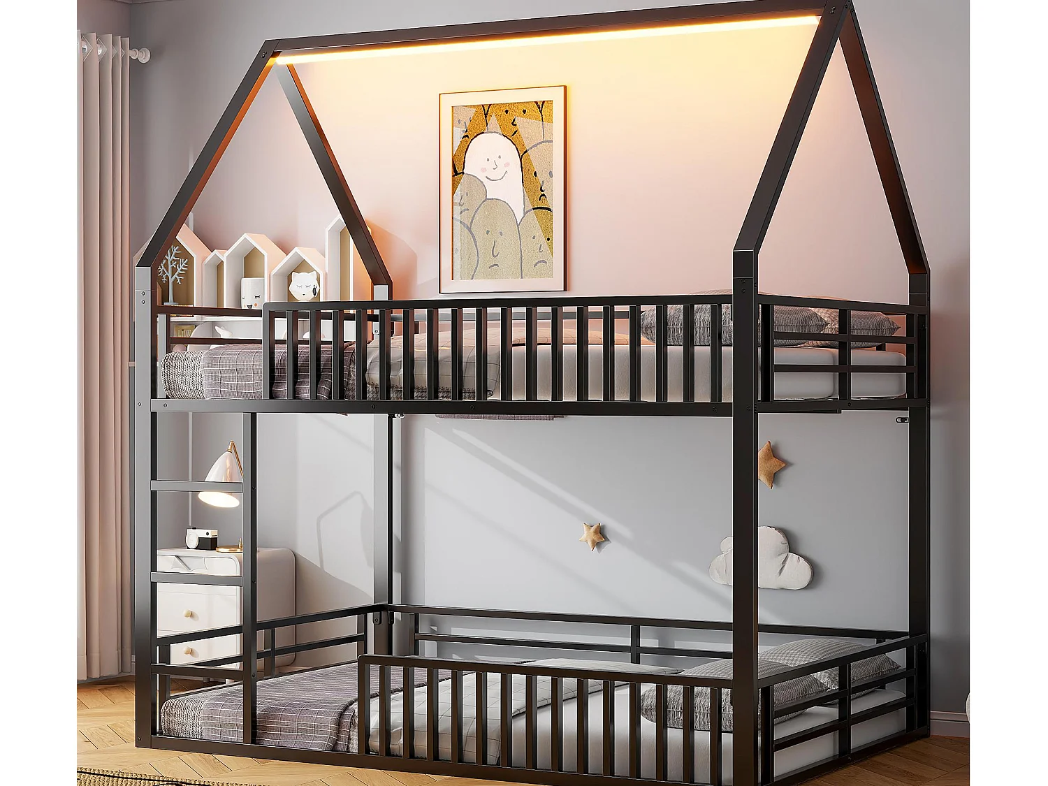 Lit superposé enfant 140 x 200 cm - design en forme de maison - avec clôture et éclairage LED - Noir (sans matelas)