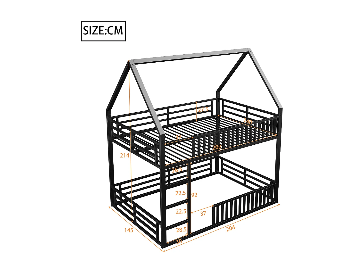 Lit superposé enfant 140 x 200 cm - design en forme de maison - avec clôture et éclairage LED - Noir (sans matelas)