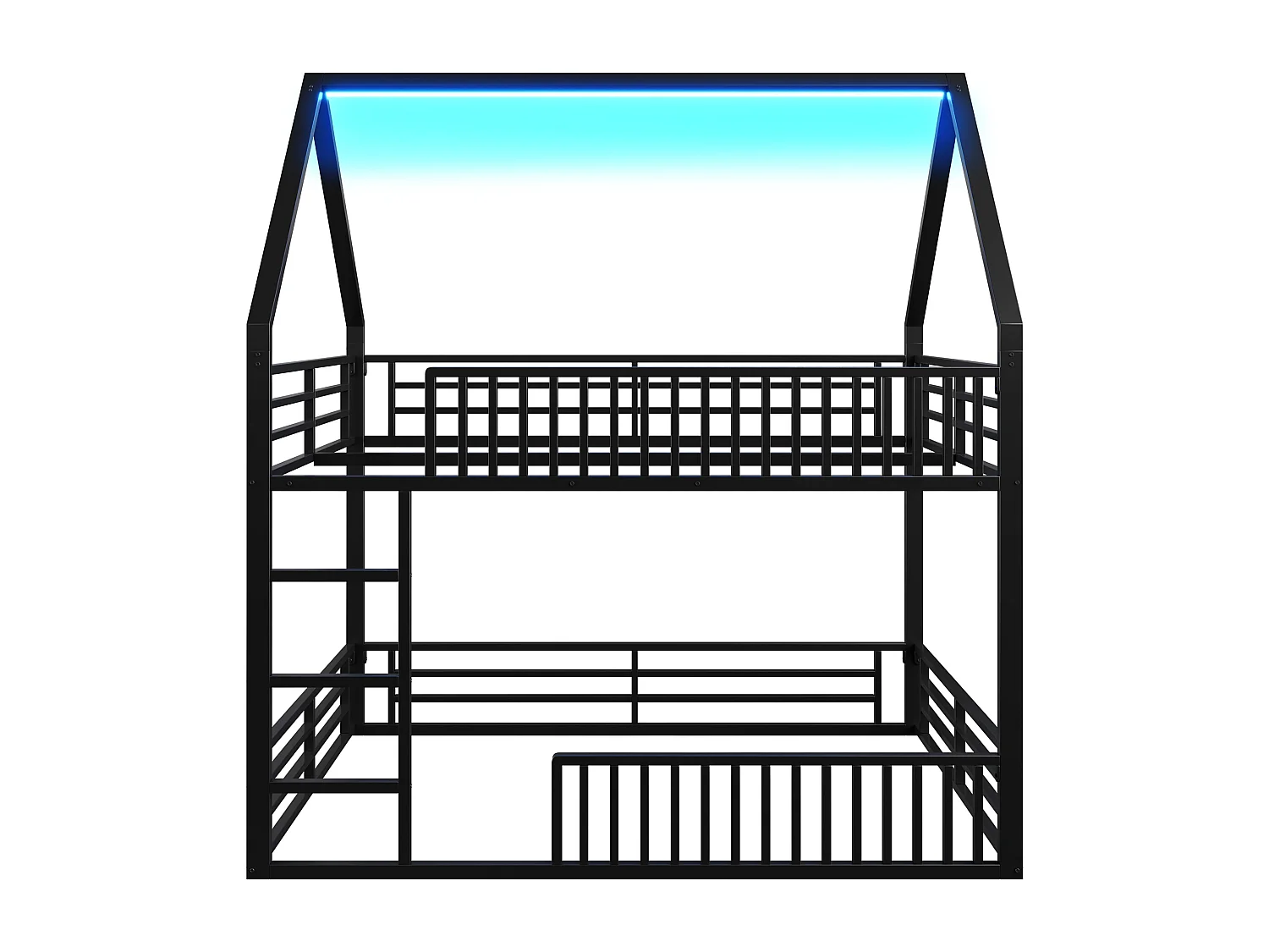 Lit superposé enfant 140 x 200 cm - design en forme de maison - avec clôture et éclairage LED - Noir (sans matelas)