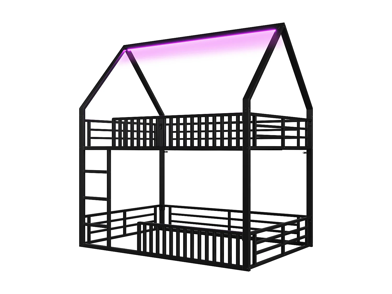 Lit superposé enfant 140 x 200 cm - design en forme de maison - avec clôture et éclairage LED - Noir (sans matelas)
