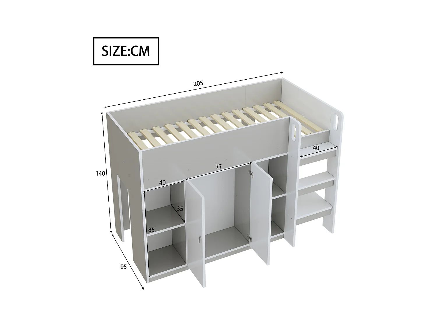 Multifunctioneel stapelbed van massief hout 90x200 cm met ladder, kast en planken, grijs (205x95x140 cm)