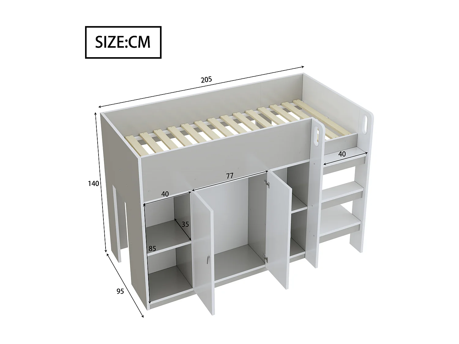 Letto a castello multifunzionale in legno massello 90x200 cm con scala, armadio e ripiani, grigio (205x95x140 cm)