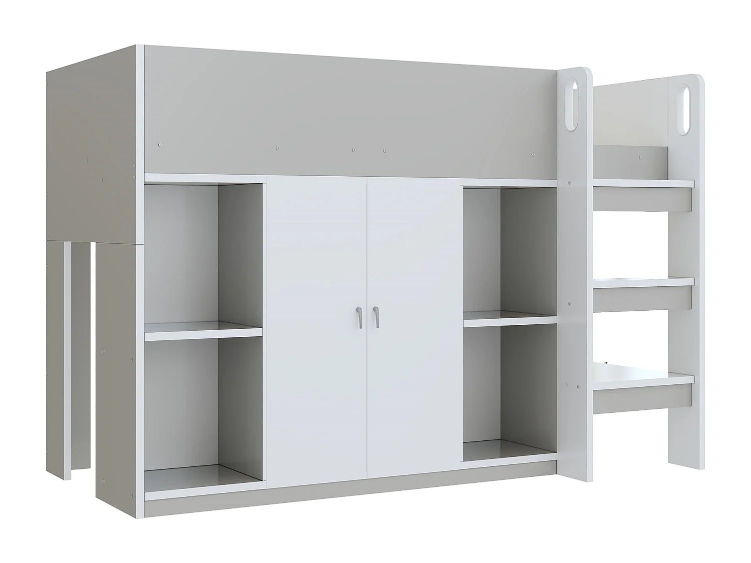 Letto a castello multifunzionale in legno massello 90x200 cm con scala, armadio e ripiani, grigio (205x95x140 cm)