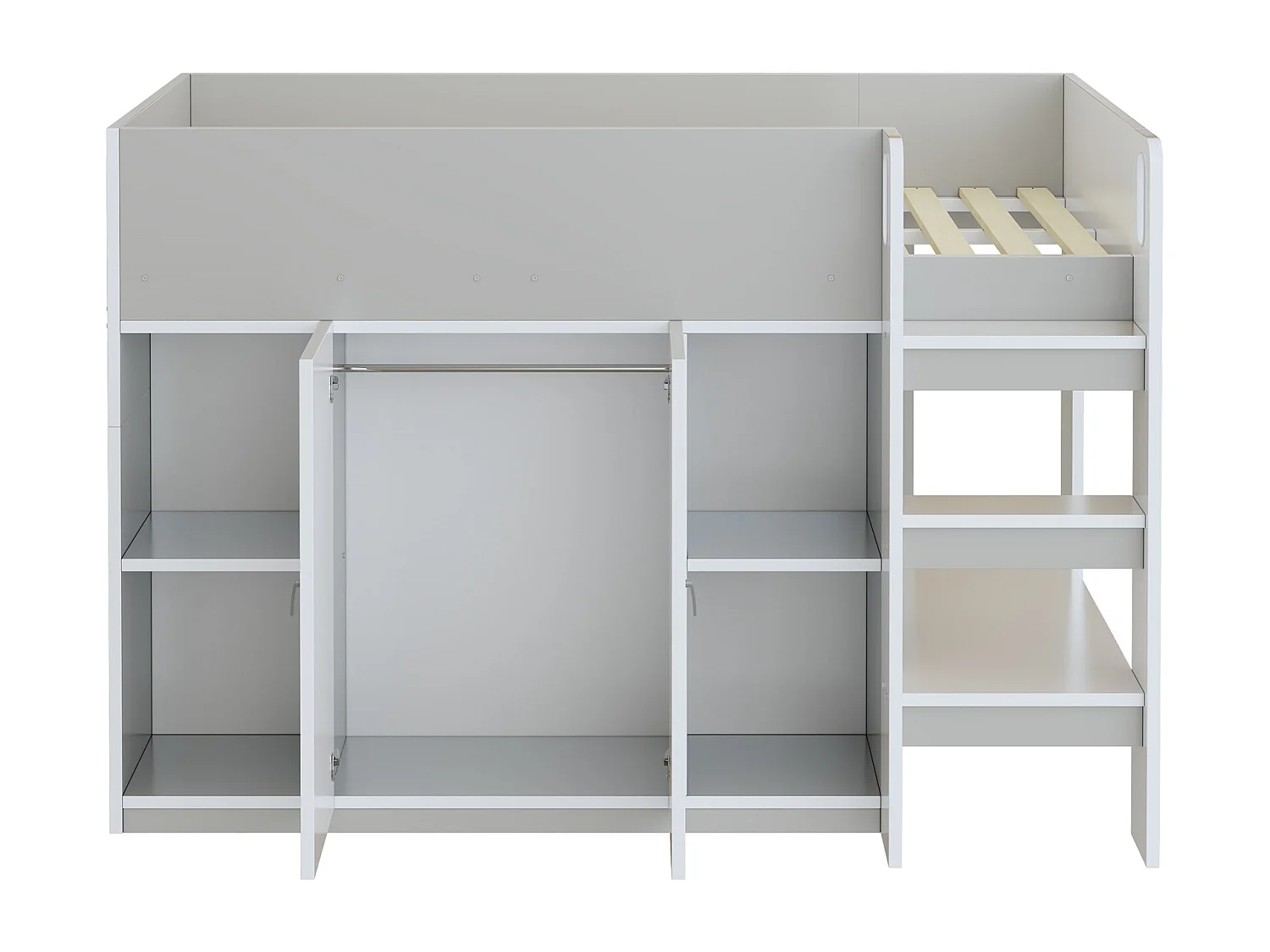 Letto a castello multifunzionale in legno massello 90x200 cm con scala, armadio e ripiani, grigio (205x95x140 cm)