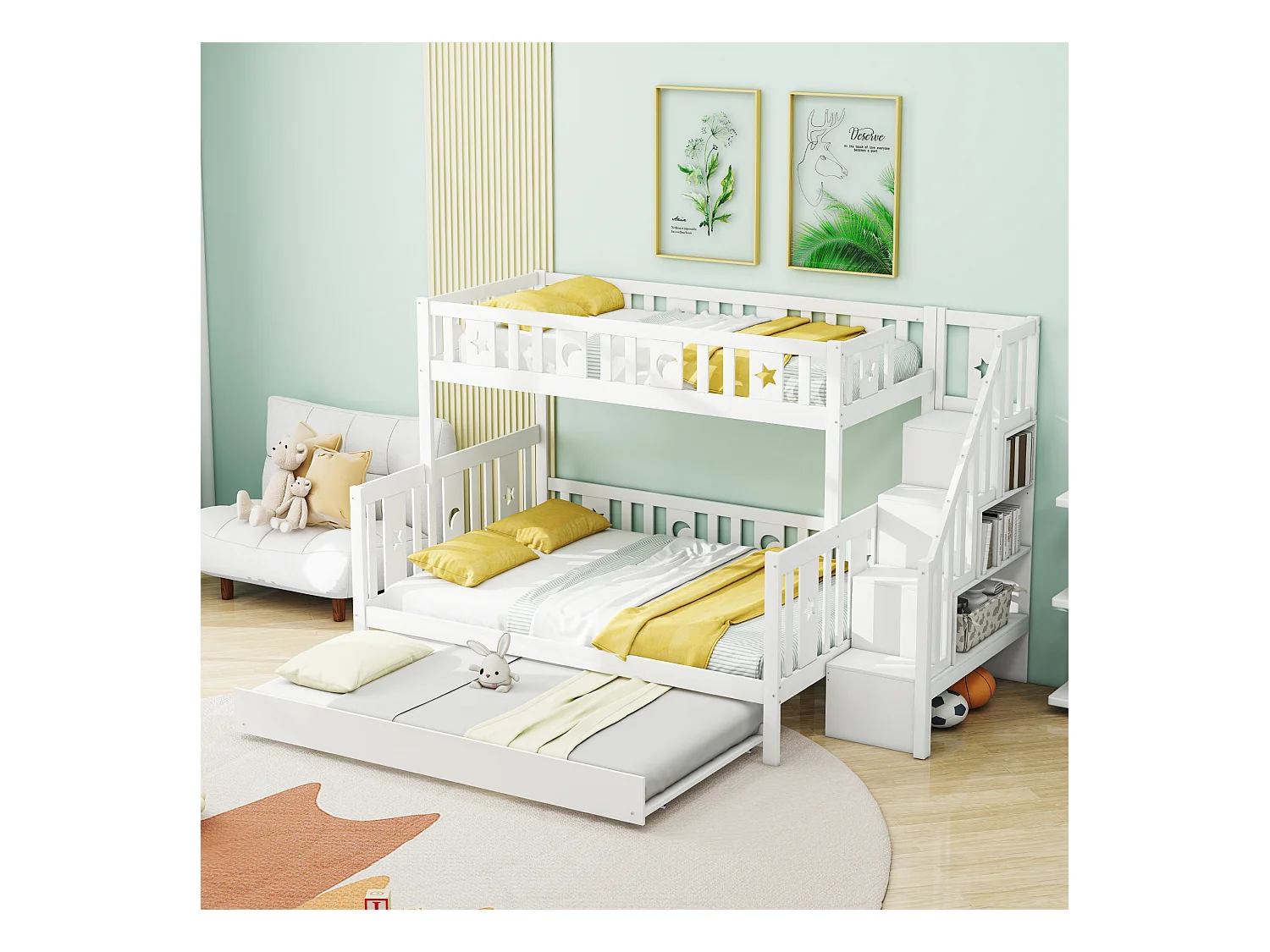 Letto a castello per bambini 90x200/140x200 cm, in legno massello, con scaletta di sicurezza, letto estraibile e rete a doghe, bianco (252x145x160 cm)