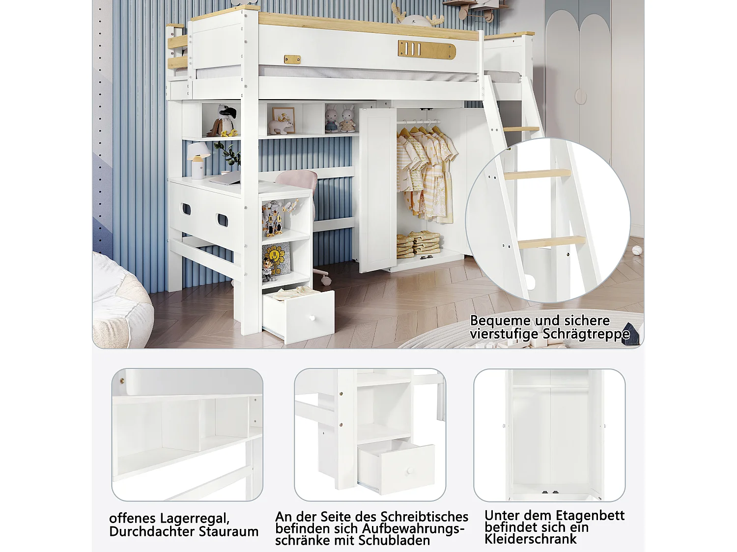 Lit superposé avec protection, bureau et armoire, étagères ouvertes, grand espace de rangement, MDF et pin, Blanc + Nature, 90x200cm