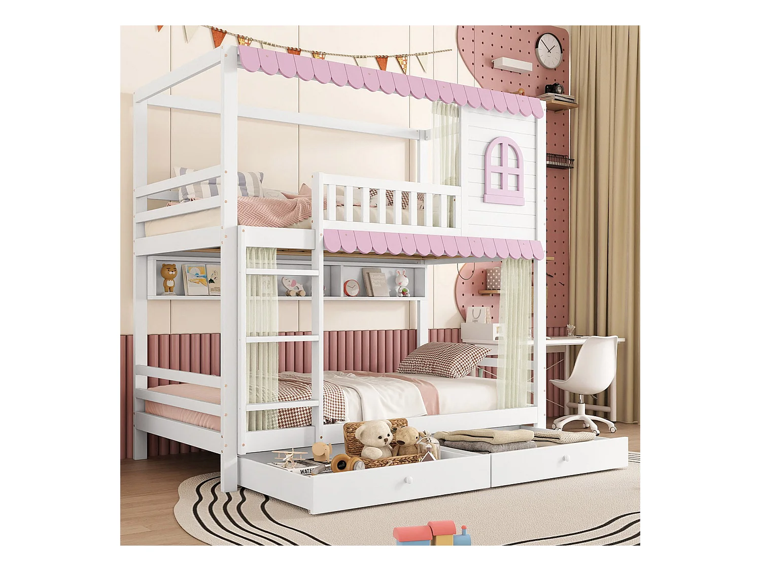 Letto a castello 140x200 cm, scaletta di sicurezza, bordo di sicurezza, legno massello, ideale per bambini, naturale (252x147x180,5 cm)