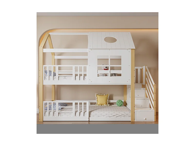 Kinderstapelbed met opbergruimte, dak en ramen, massief hout en MDF, wit en naturel, 90x200 cm