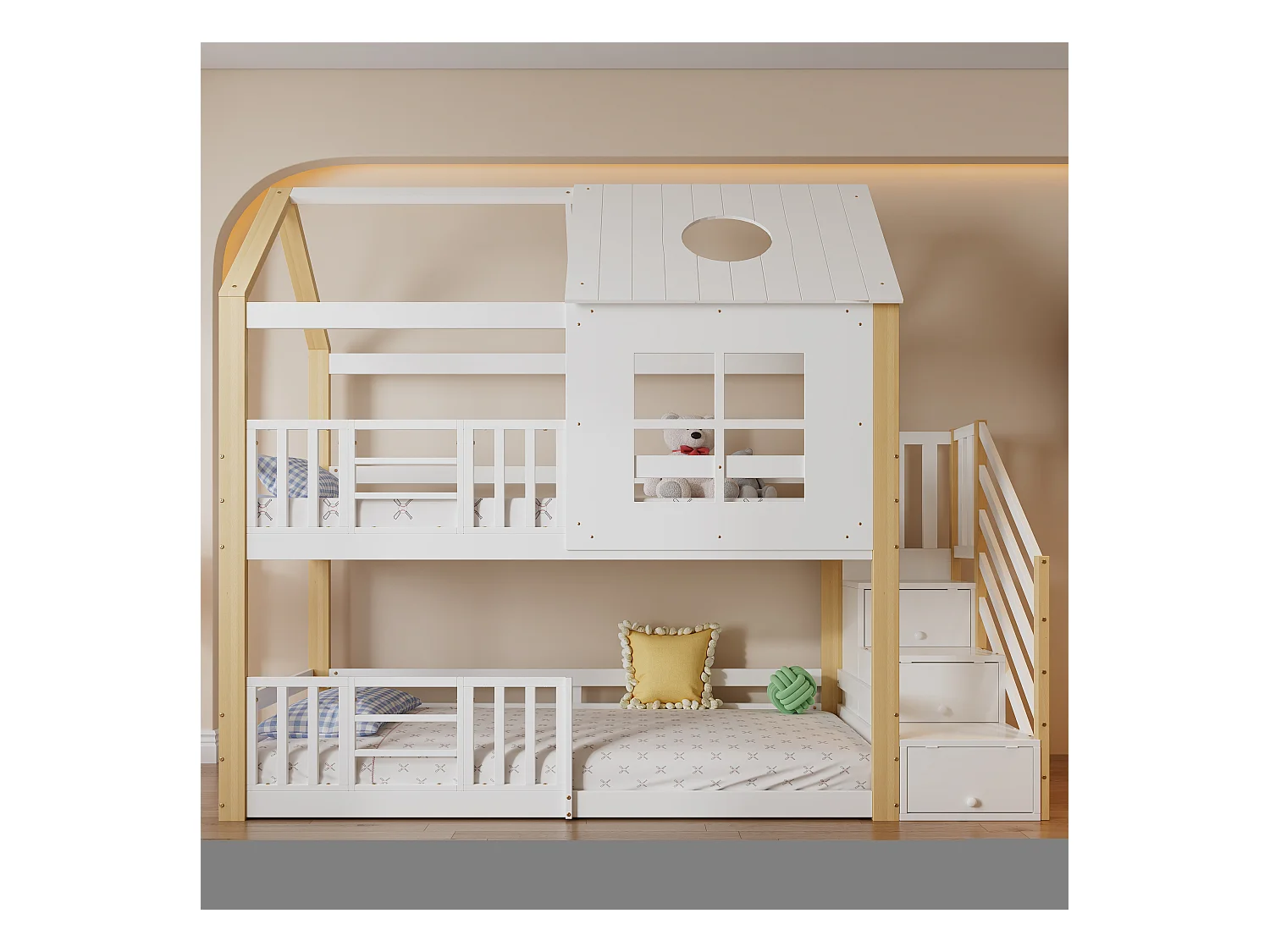 Lit superposé pour enfants avec rangement, toit et fenêtres, bois massif et MDF, blanc et naturel, 90x200 cm