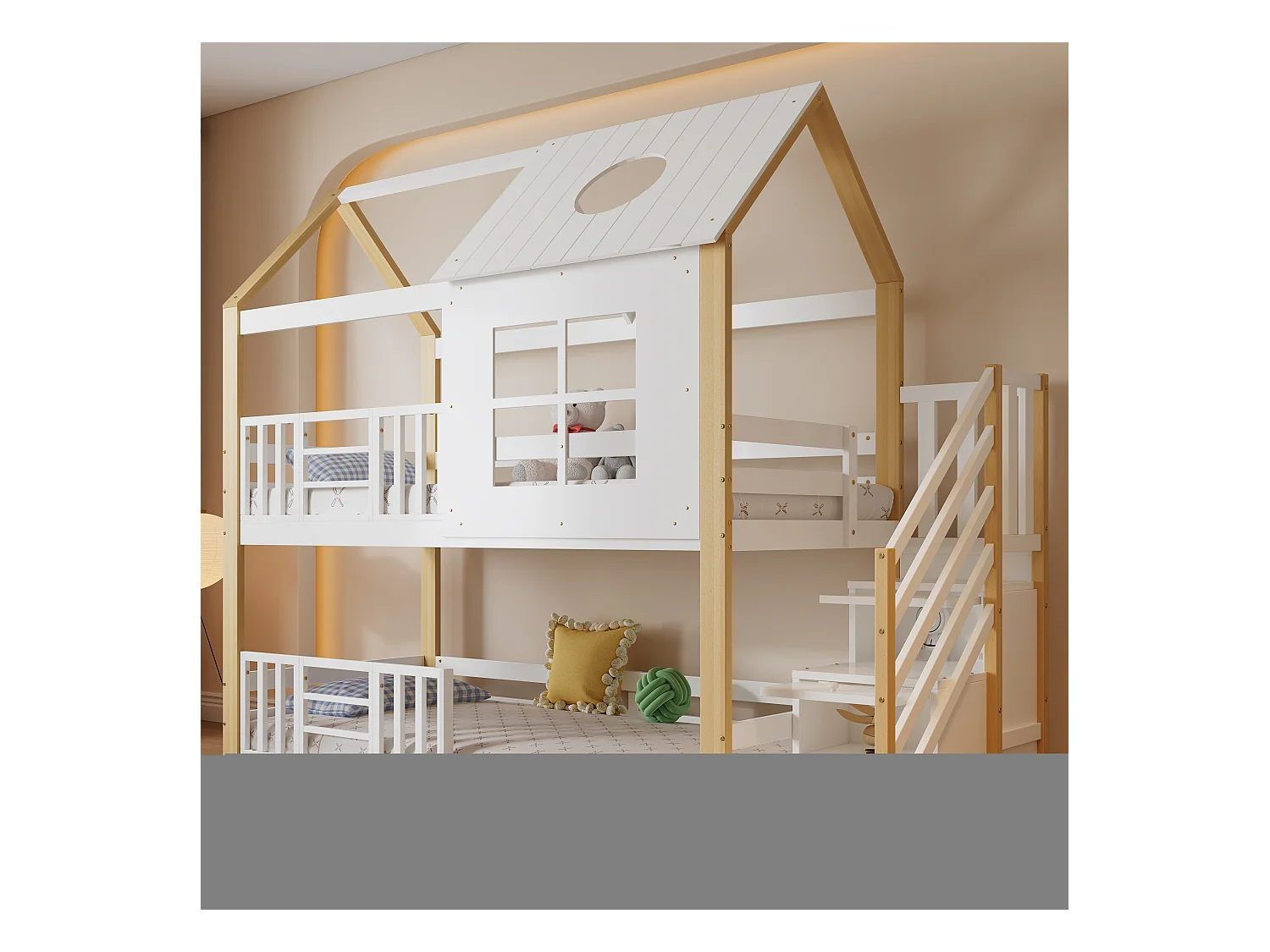 Lit superposé pour enfants avec rangement, toit et fenêtres, bois massif et MDF, blanc et naturel, 90x200 cm