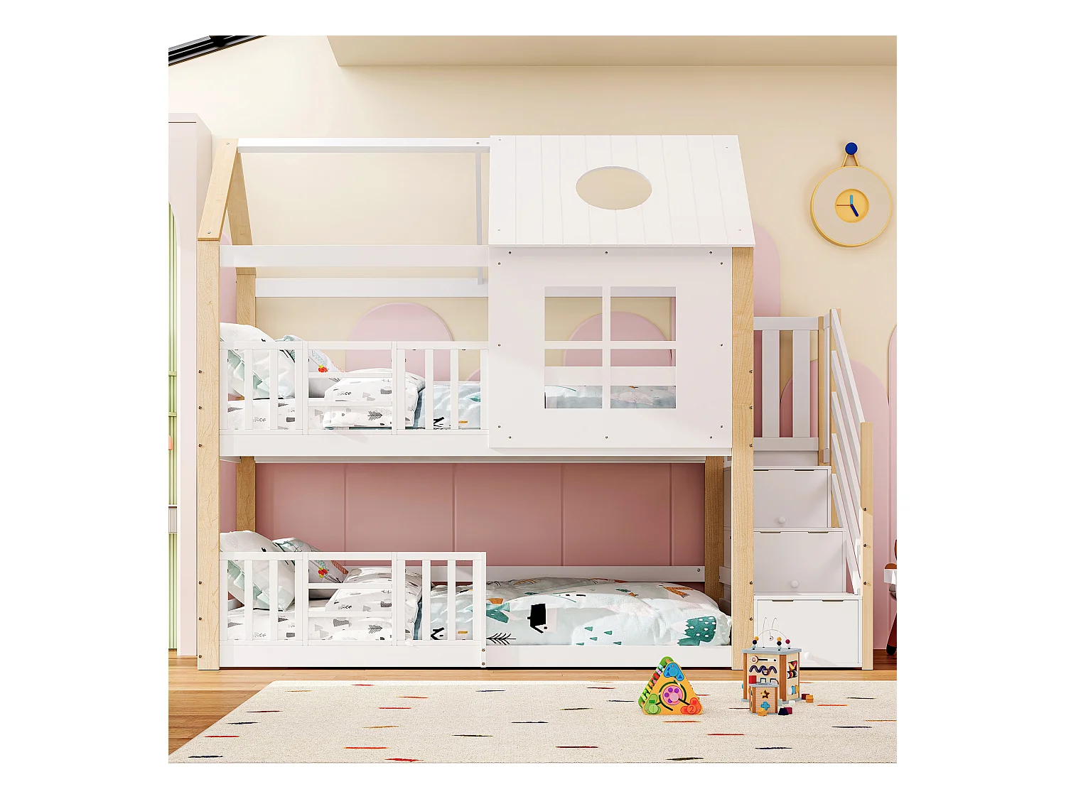 Lit superposé pour enfants avec rangement, toit et fenêtres, bois massif et MDF, blanc et naturel, 90x200 cm