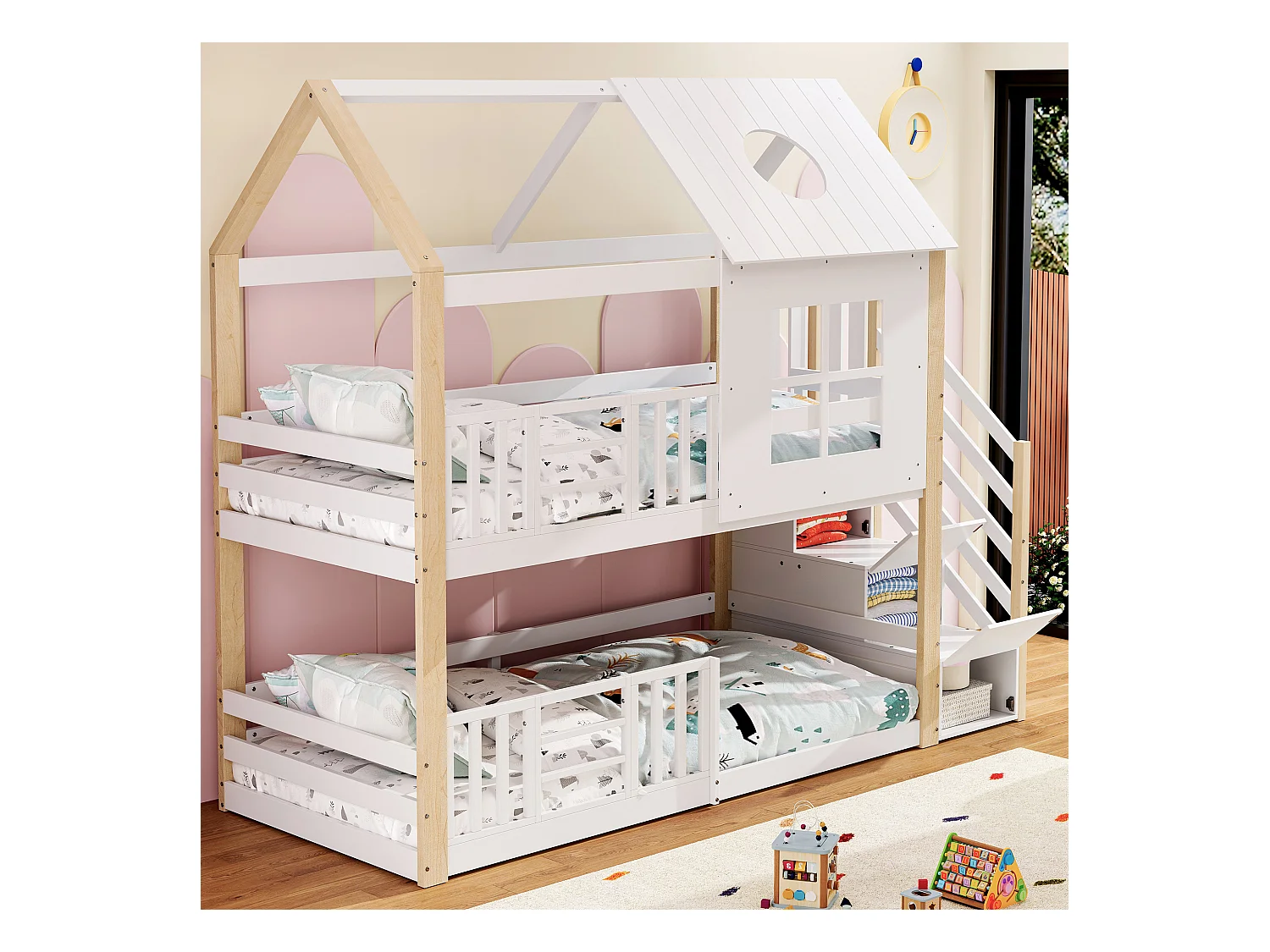 Lit superposé pour enfants avec rangement, toit et fenêtres, bois massif et MDF, blanc et naturel, 90x200 cm