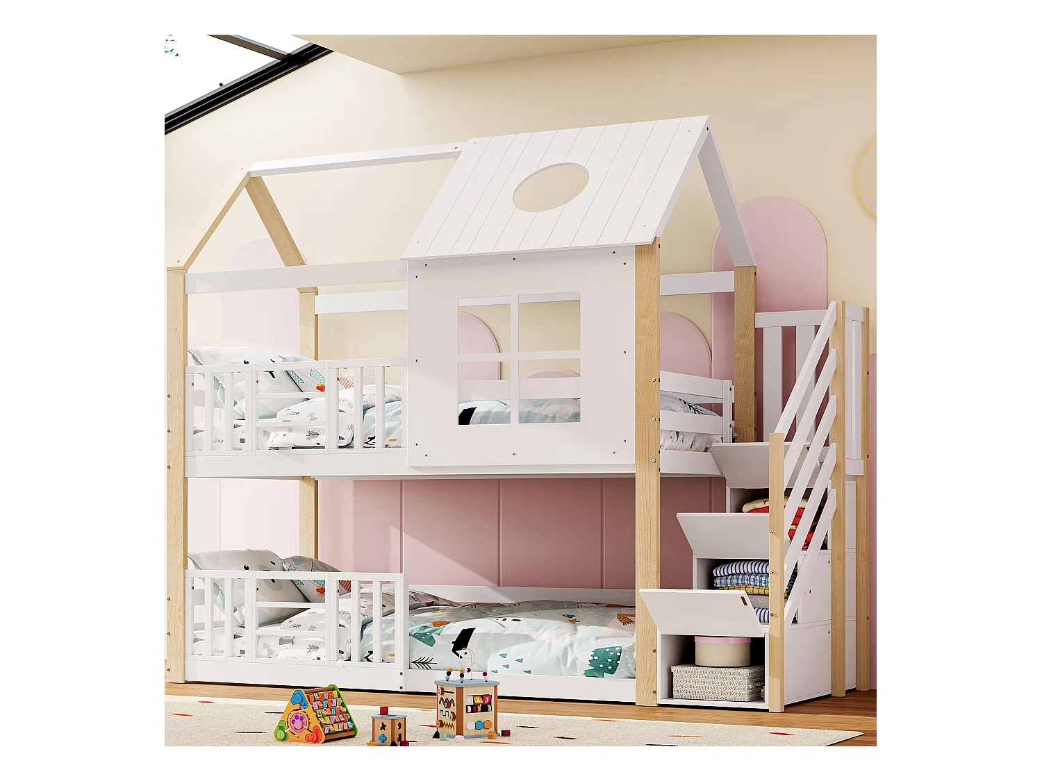 Lit superposé pour enfants avec rangement, toit et fenêtres, bois massif et MDF, blanc et naturel, 90x200 cm