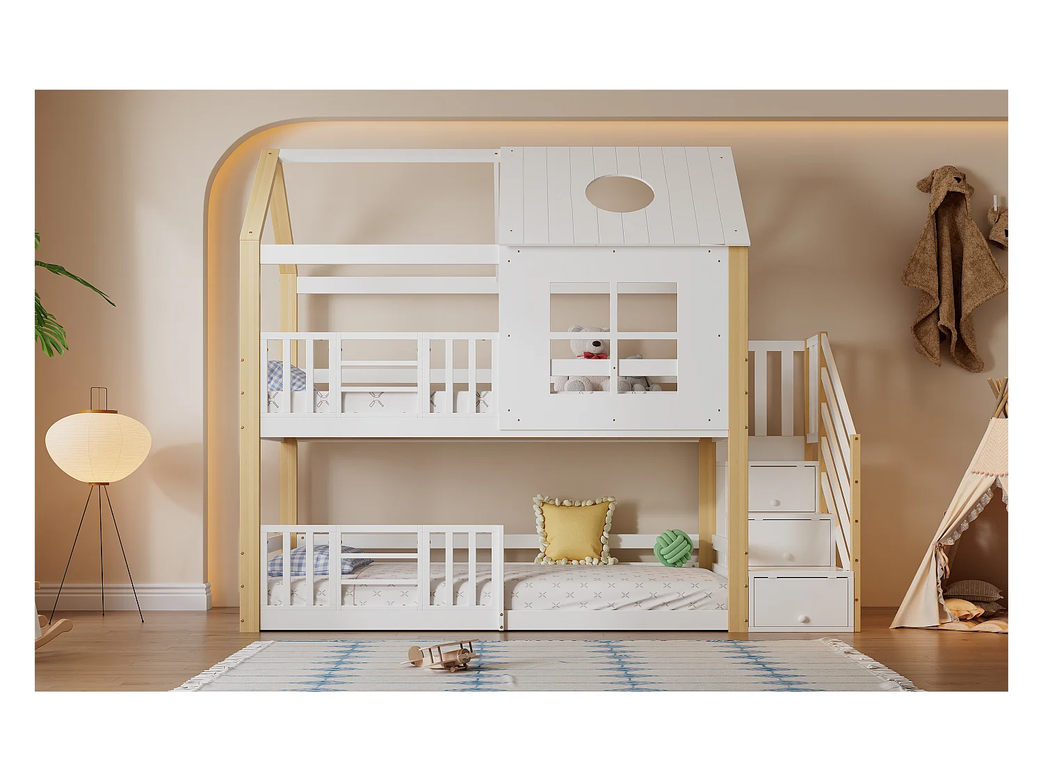 Lit superposé pour enfants avec rangement, toit et fenêtres, bois massif et MDF, blanc et naturel, 90x200 cm