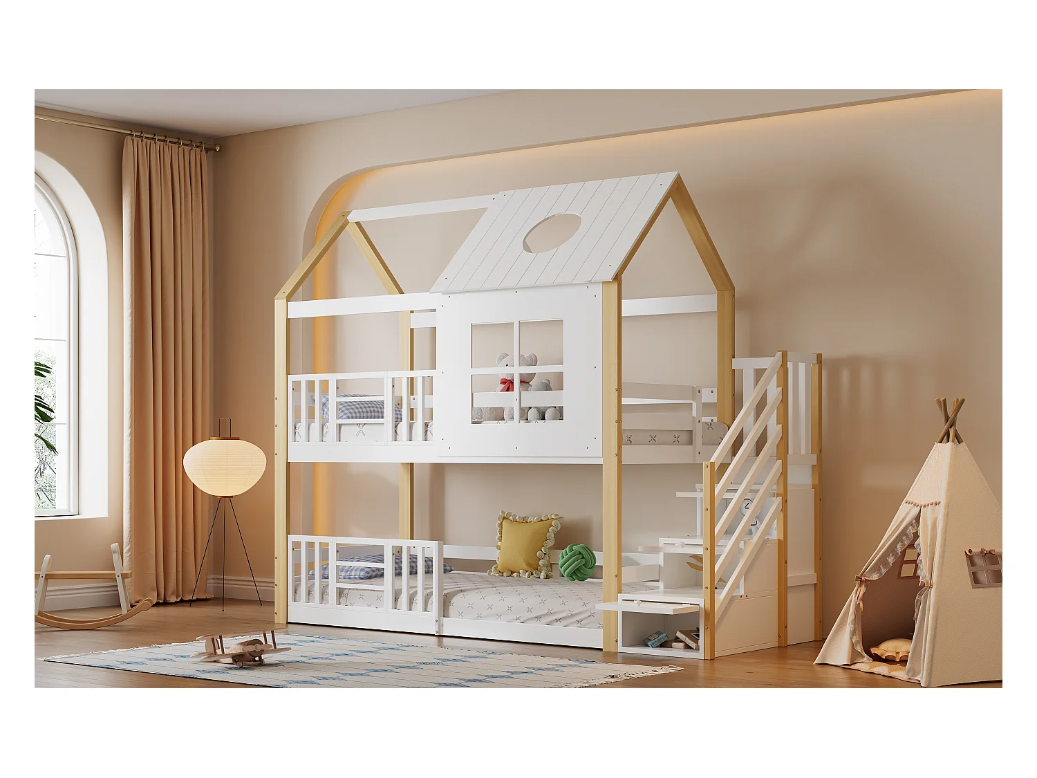 Lit superposé pour enfants avec rangement, toit et fenêtres, bois massif et MDF, blanc et naturel, 90x200 cm