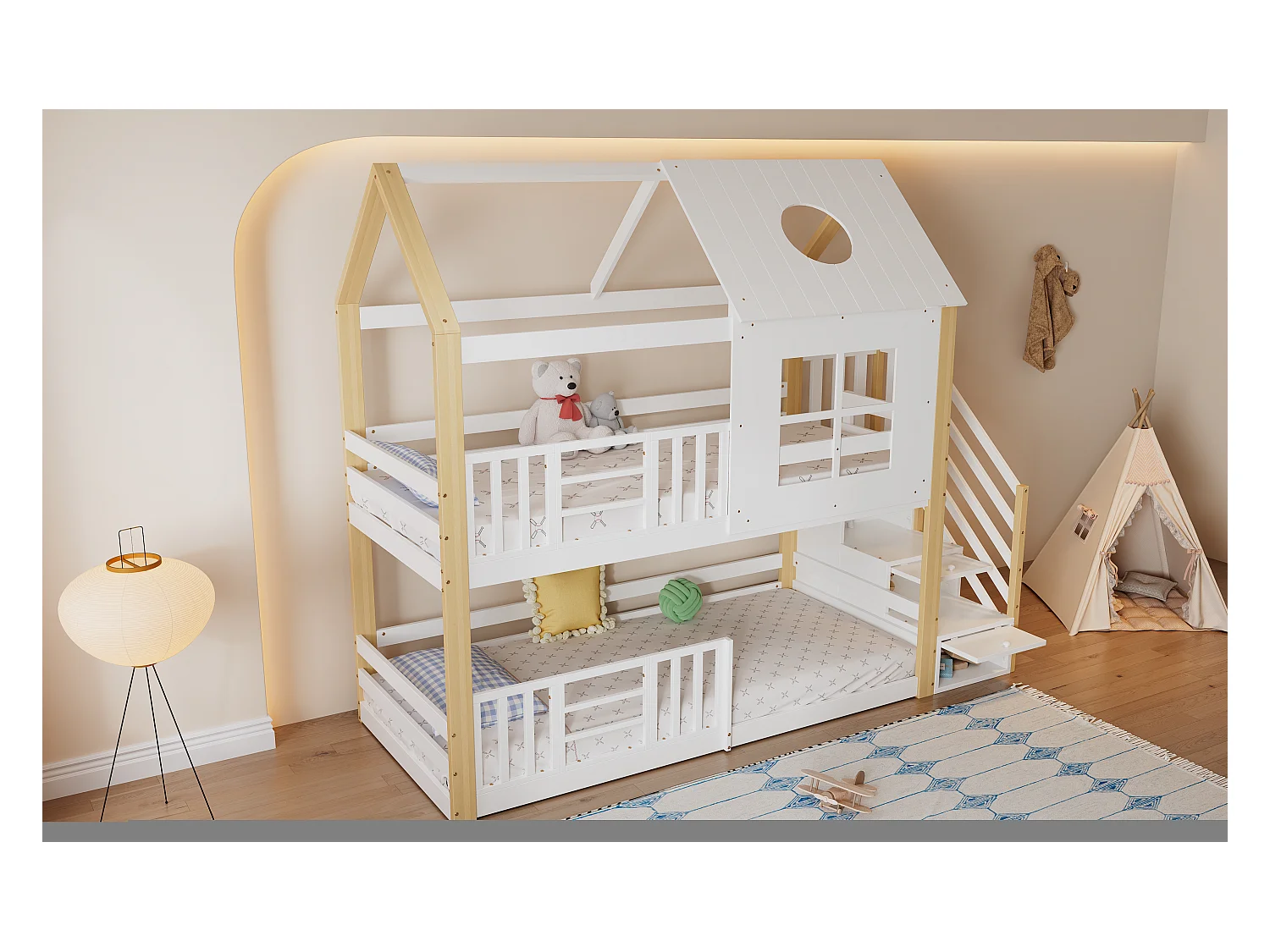 Lit superposé pour enfants avec rangement, toit et fenêtres, bois massif et MDF, blanc et naturel, 90x200 cm