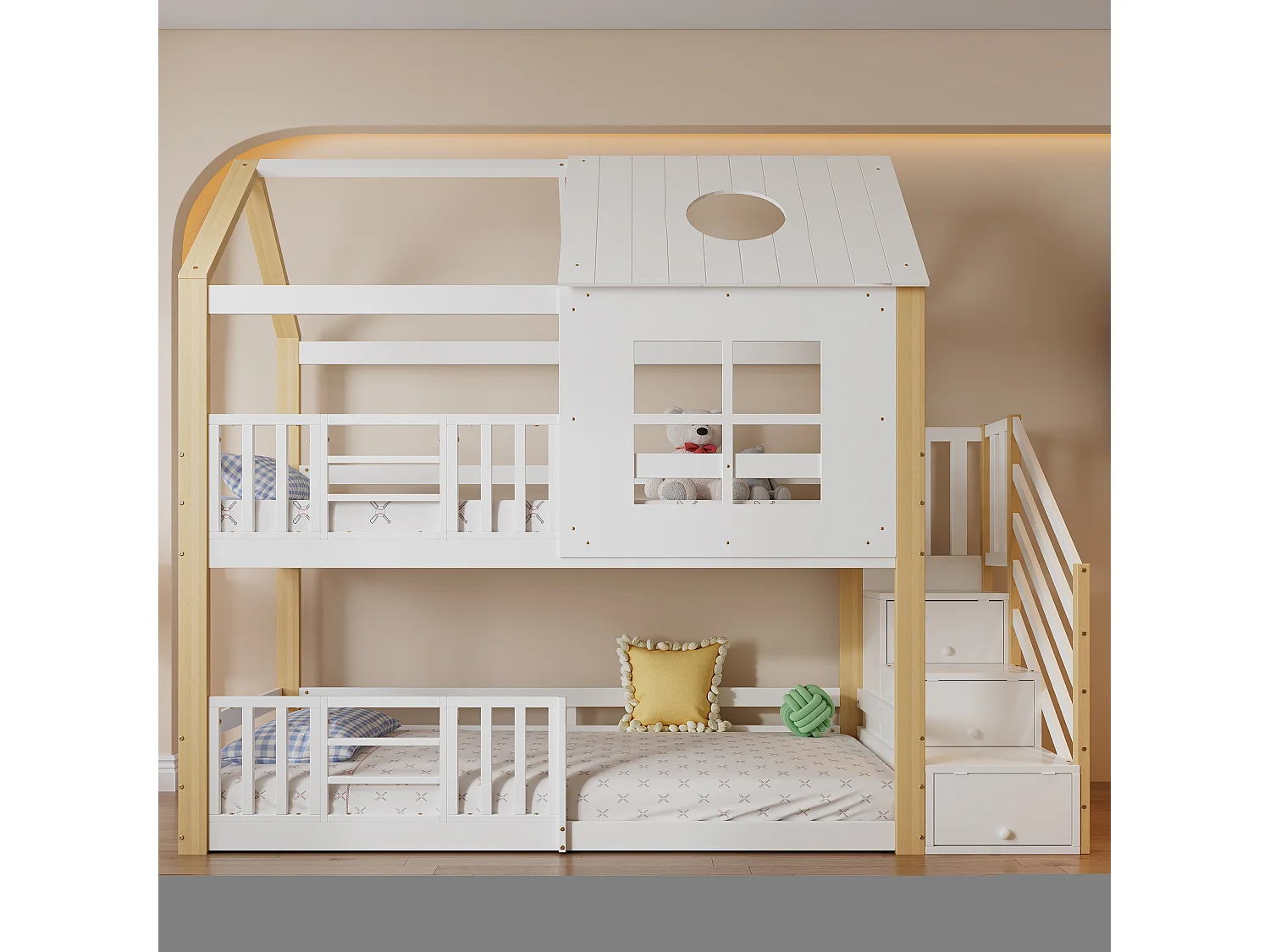 Kinderstapelbed met opbergruimte, dak en ramen, massief hout en MDF, wit en naturel, 90x200 cm