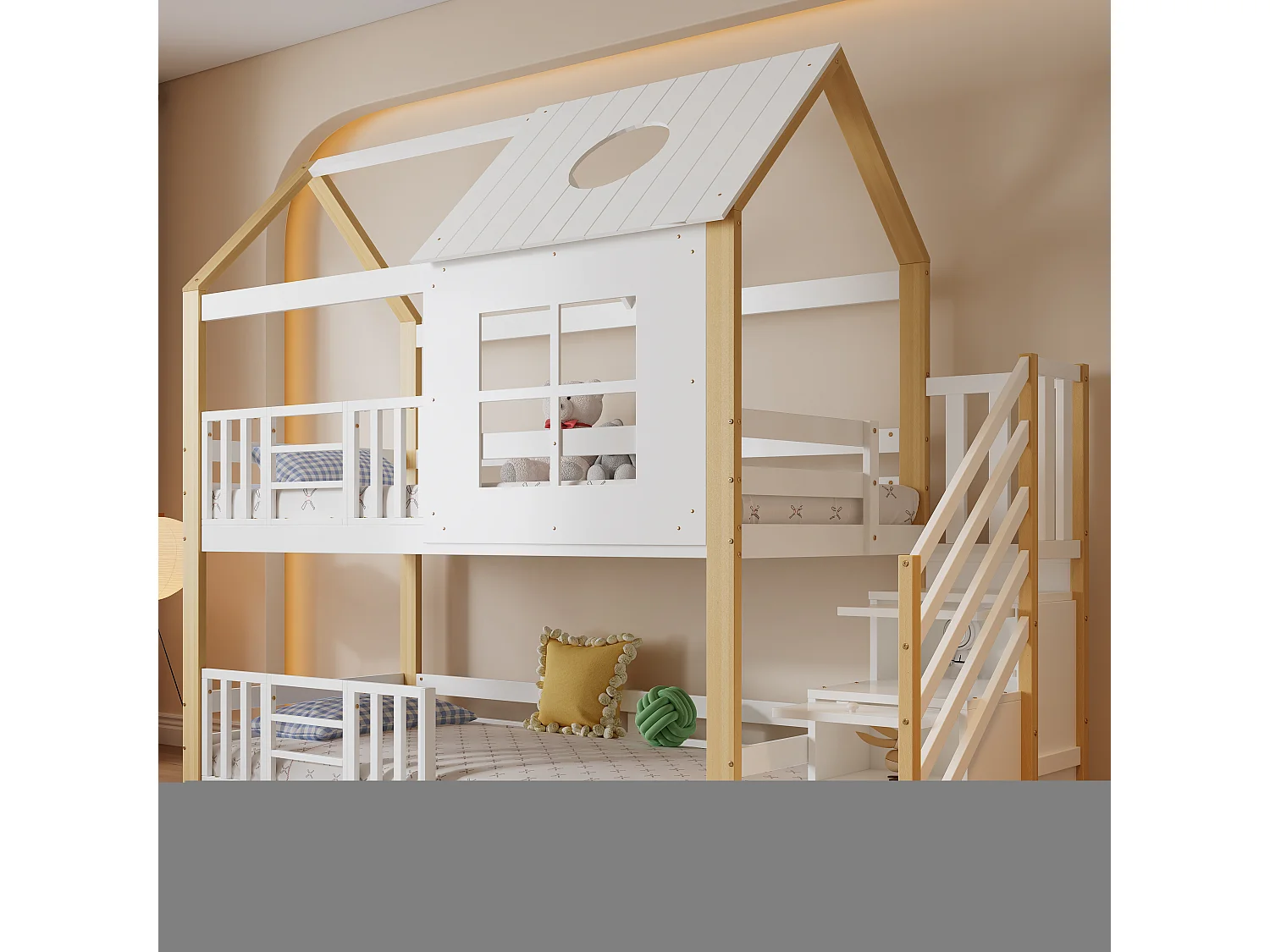 Kinderstapelbed met opbergruimte, dak en ramen, massief hout en MDF, wit en naturel, 90x200 cm