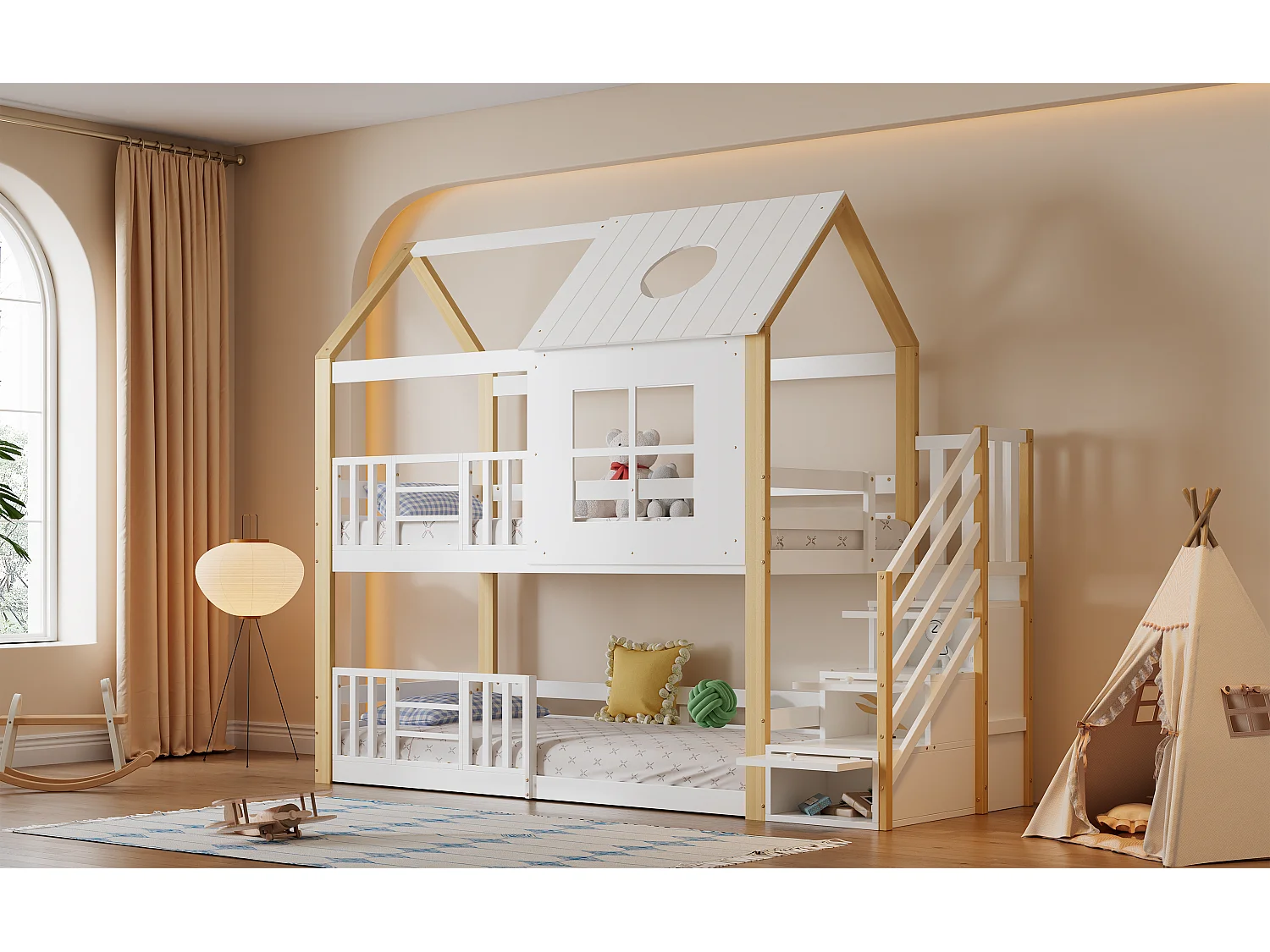 Kinderstapelbed met opbergruimte, dak en ramen, massief hout en MDF, wit en naturel, 90x200 cm