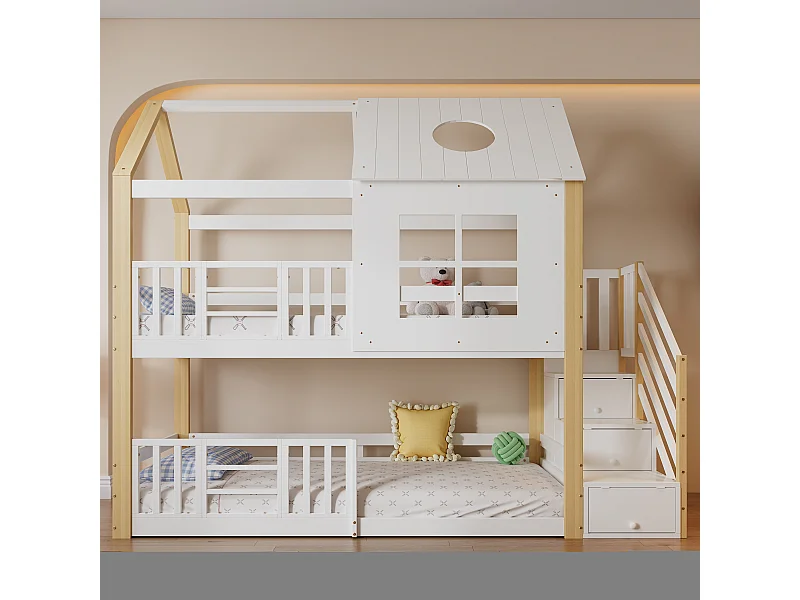 Kinderstapelbed met opbergruimte, dak en ramen, massief hout en MDF, wit en naturel, 90x200 cm