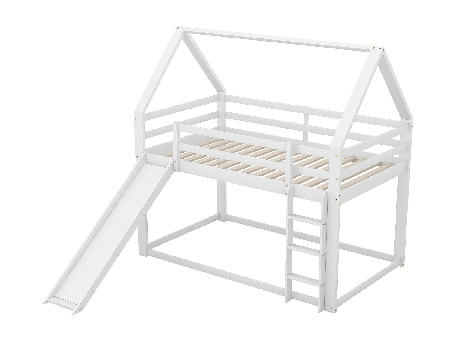 Lit pour enfants avec toboggan et échelle, Maison en forme de lit superposé, 90x200 cm, Blanc (205x220x180 cm)