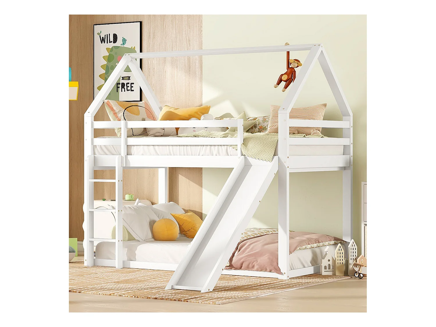 Letto per bambini con scivolo e scaletta, Letto a castello a forma di casa, 90x200 cm, Bianco (205x220x180 cm)