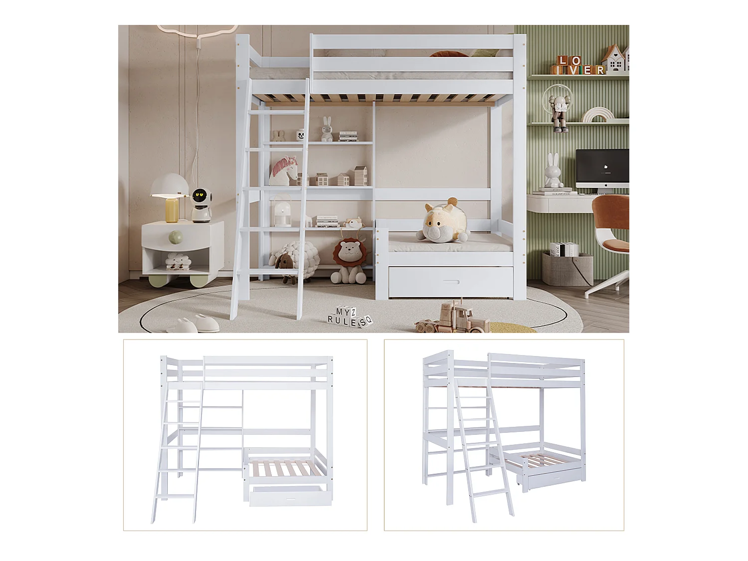 Lit superposé avec étagères et canapé, cadre en bois avec tiroir, échelle inclinée à 5 marches, blanc, 90x200 cm & 140x200 cm