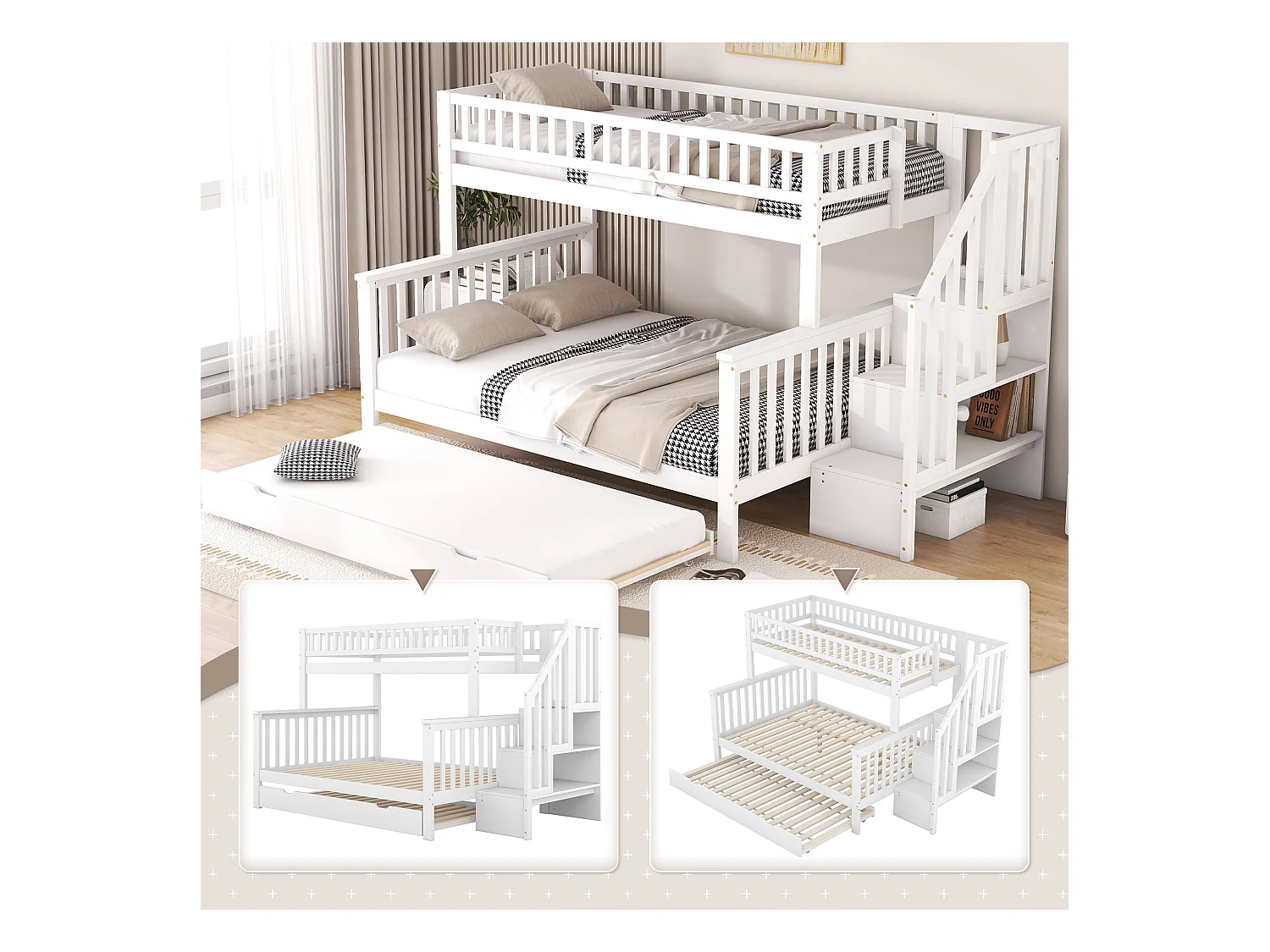 Lit superposé, 90x200 cm et 140x200 cm, avec sommier à lattes, lit avec tiroir roulant et échelle, pin, blanc (253x240x160 cm)