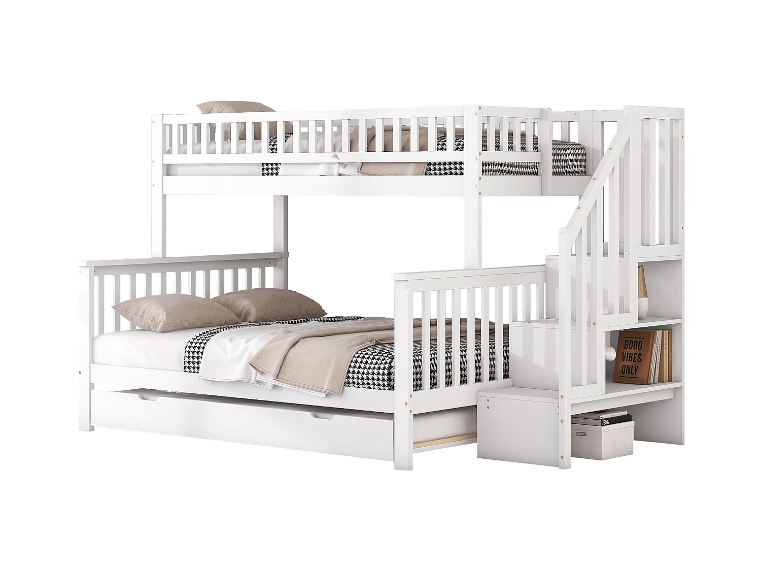 Lit superposé, 90x200 cm et 140x200 cm, avec sommier à lattes, lit avec tiroir roulant et échelle, pin, blanc (253x240x160 cm)