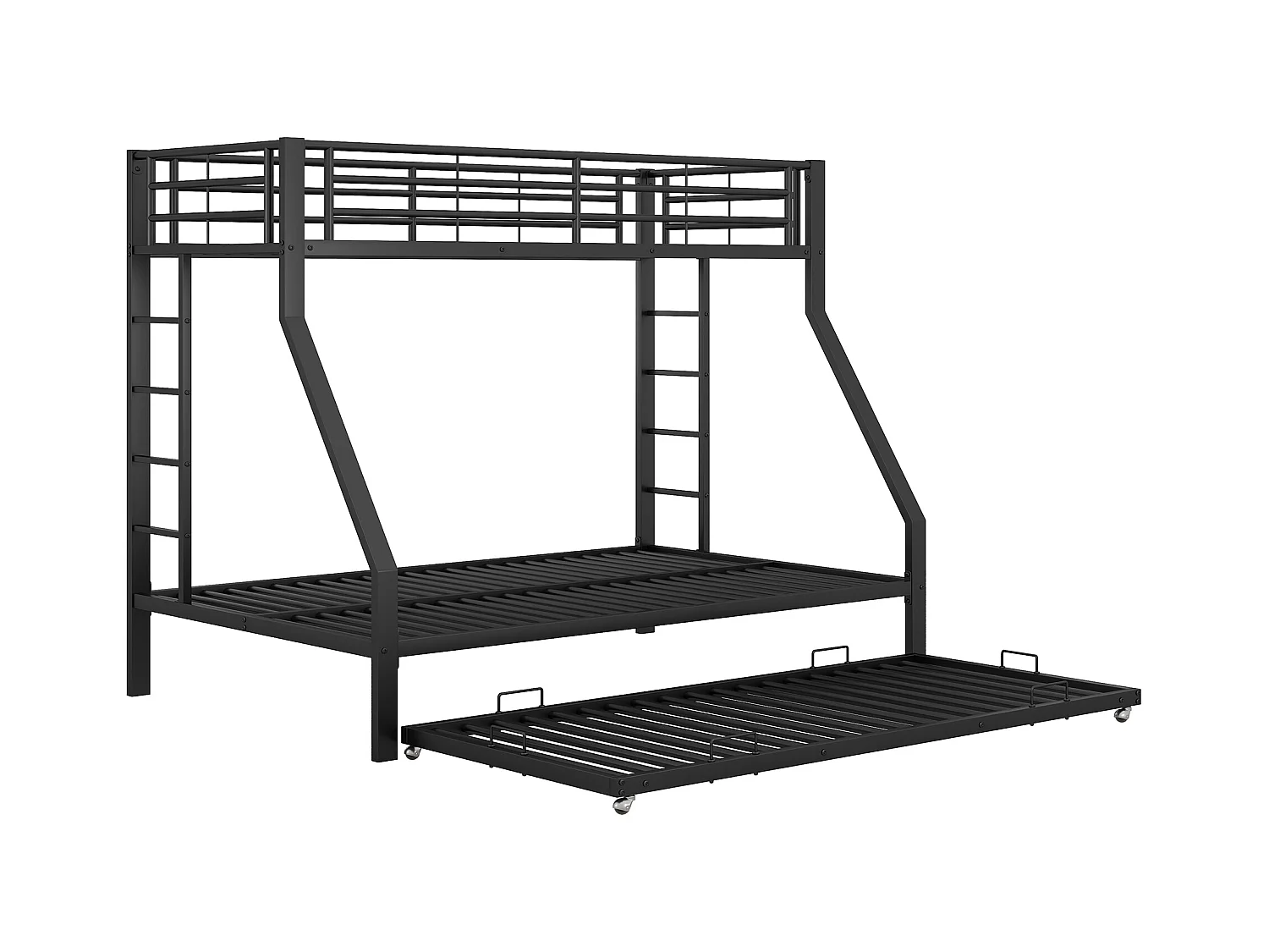 Lit superposé avec lit extensible, Métal, échelle des deux côtés, Noir (90(140)x200 cm)