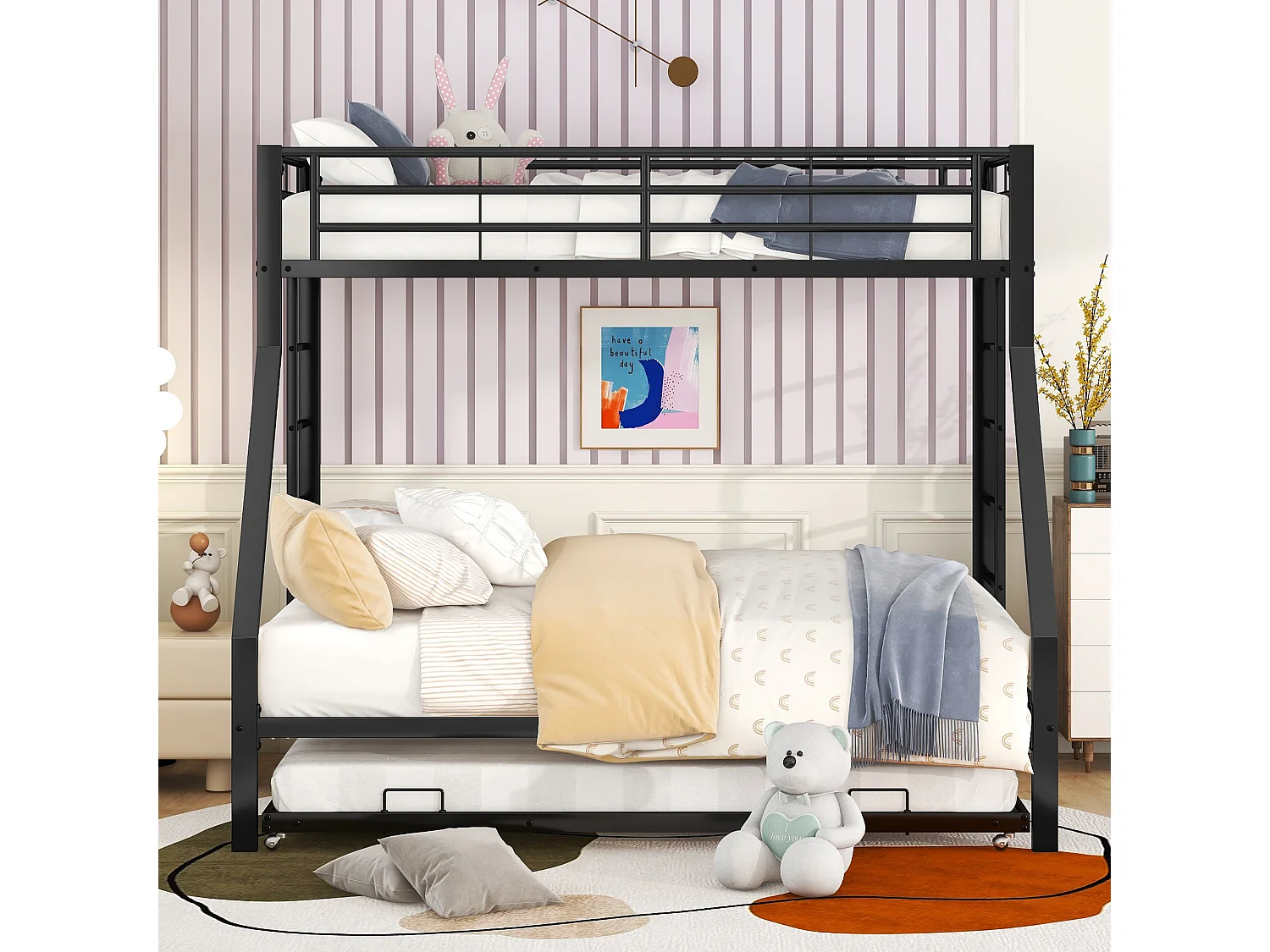 Litera con cama extensible, Metal, escalera a ambos lados, Negro (90(140)x200 cm)
