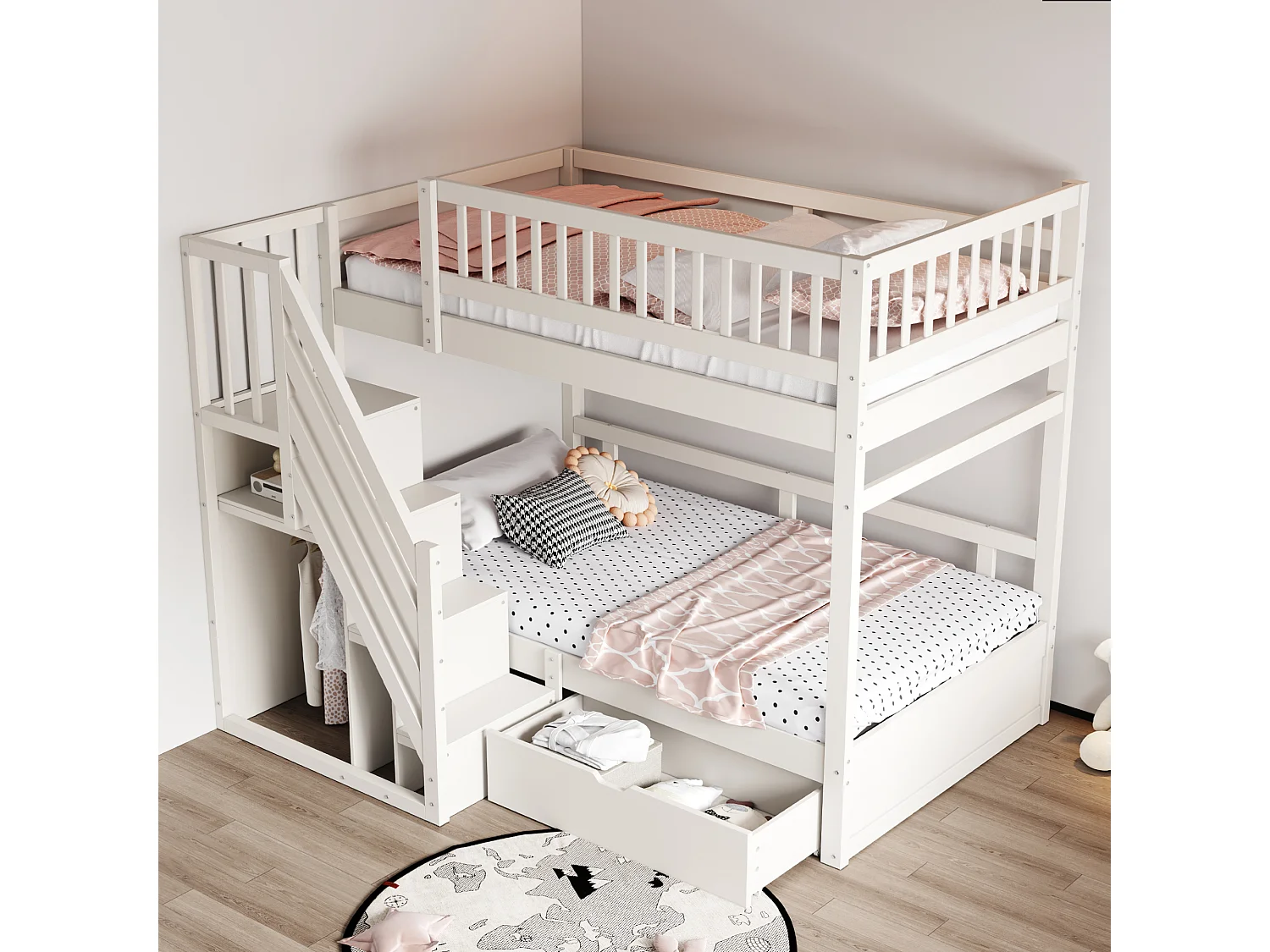 Litera de madera maciza de 90x200 cm con escalera de almacenaje, barandillas de seguridad y cajones de almacenaje, color blanco (205x95x173 cm)