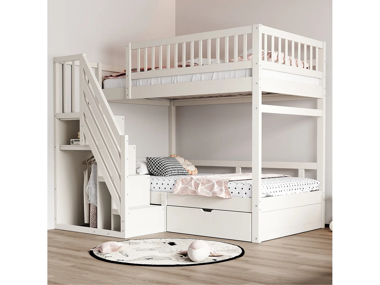 Litera de madera maciza de 90x200 cm con escalera de almacenaje, barandillas de seguridad y cajones de almacenaje, color blanco (205x95x173 cm)