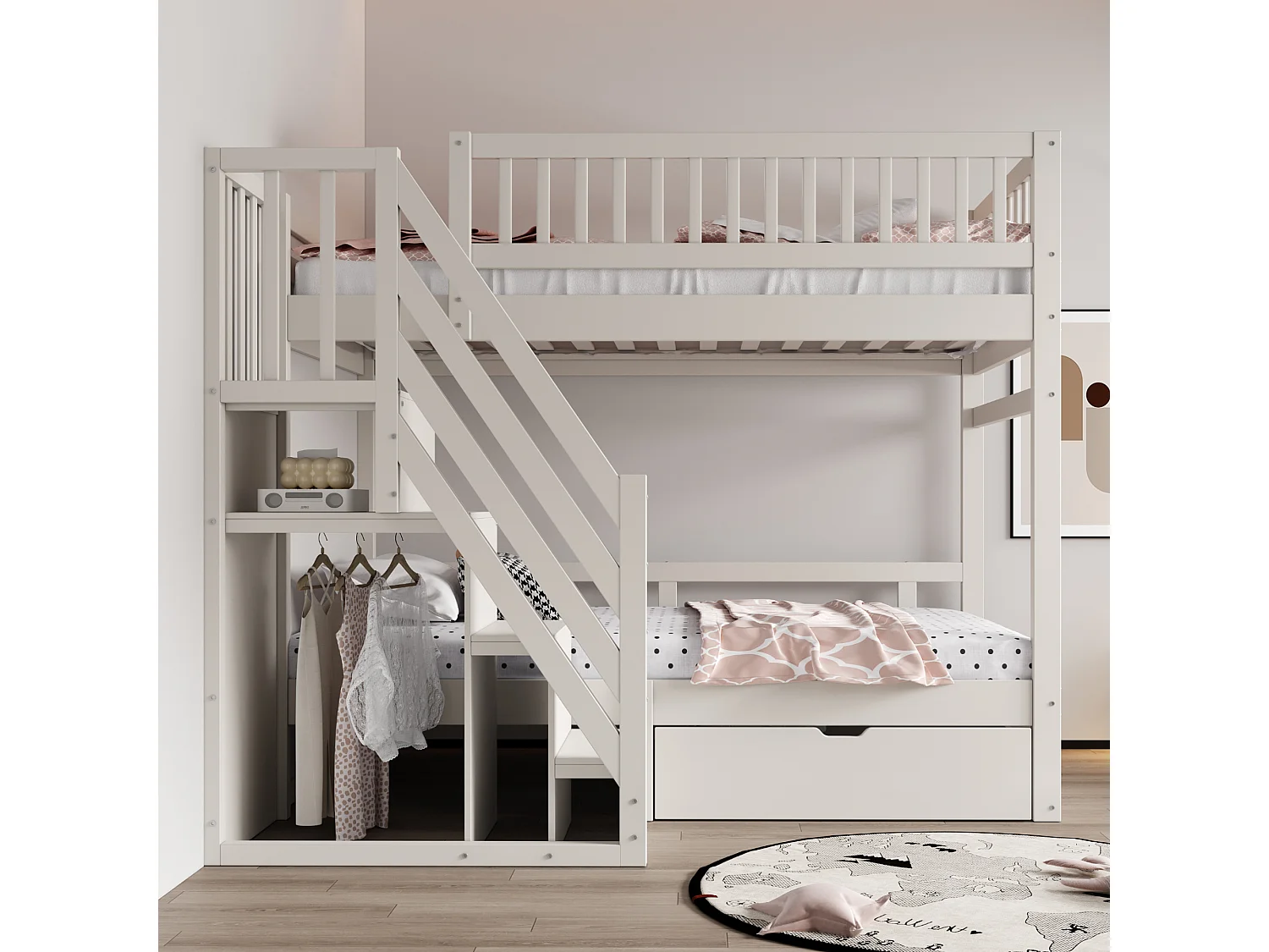 Litera de madera maciza de 90x200 cm con escalera de almacenaje, barandillas de seguridad y cajones de almacenaje, color blanco (205x95x173 cm)