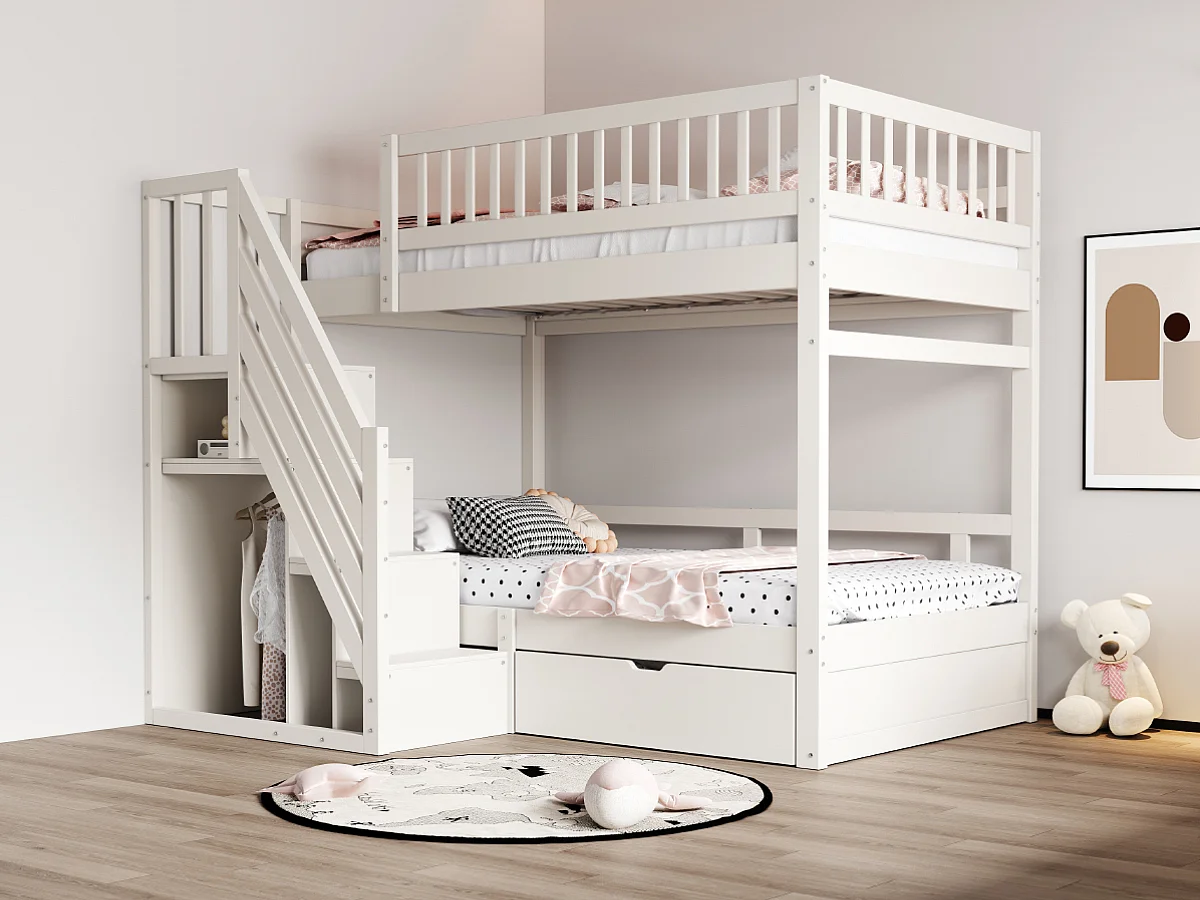 Litera de madera maciza de 90x200 cm con escalera de almacenaje, barandillas de seguridad y cajones de almacenaje, color blanco (205x95x173 cm)