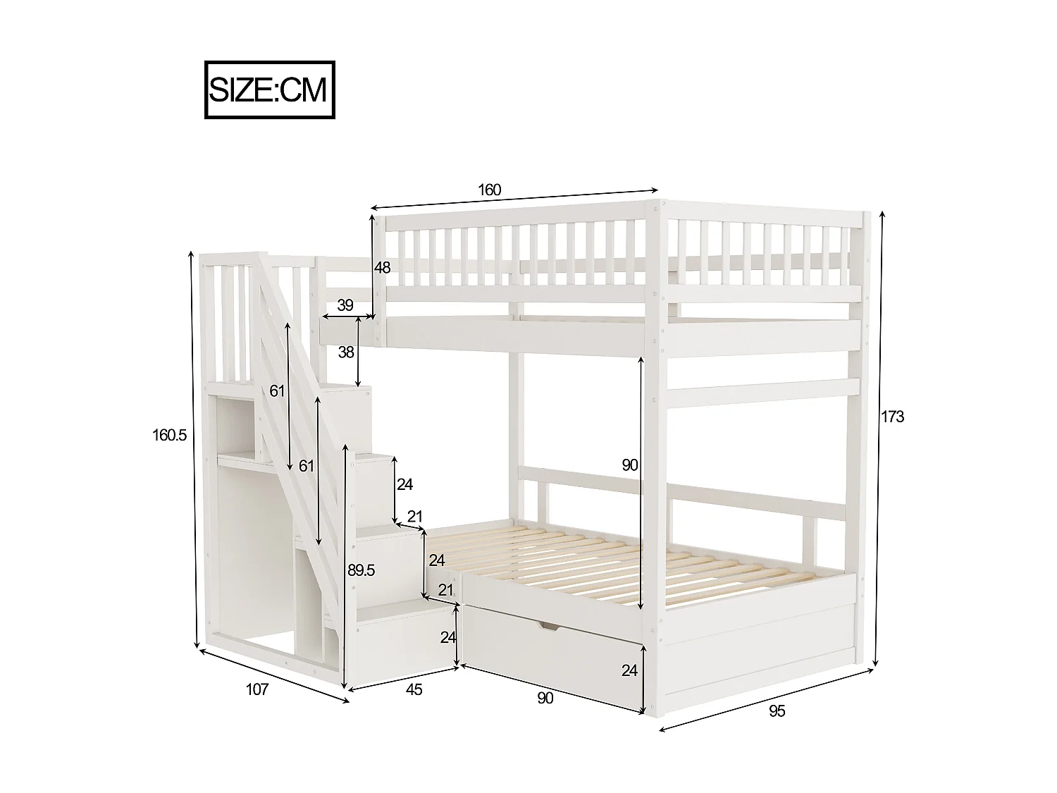 Litera de madera maciza de 90x200 cm con escalera de almacenaje, barandillas de seguridad y cajones de almacenaje, color blanco (205x95x173 cm)