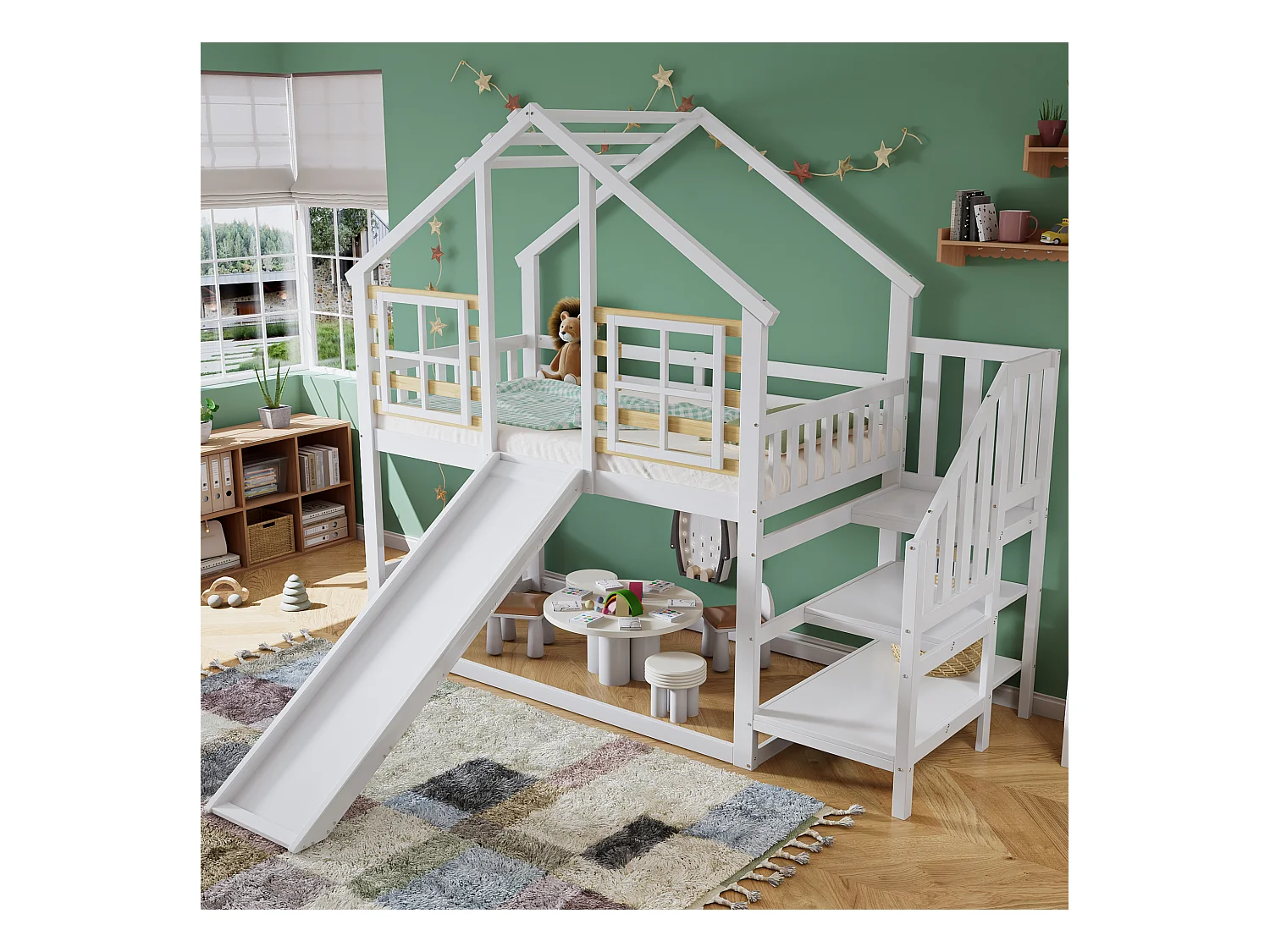 Lit superposé enfant - 2 x 90 x 200 cm - avec escalier + toboggan + fenêtre - lit cabane - bois + MDF - blanc