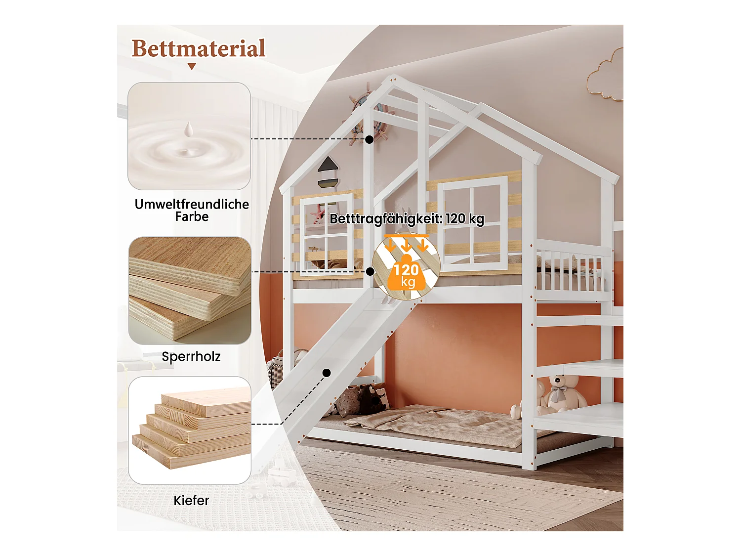 Lit superposé enfant - 2 x 90 x 200 cm - avec escalier + toboggan + fenêtre - lit cabane - bois + MDF - blanc