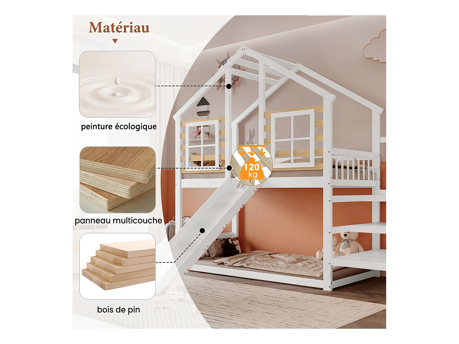Lit superposé enfant - 2 x 90 x 200 cm - avec escalier + toboggan + fenêtre - lit cabane - bois + MDF - blanc