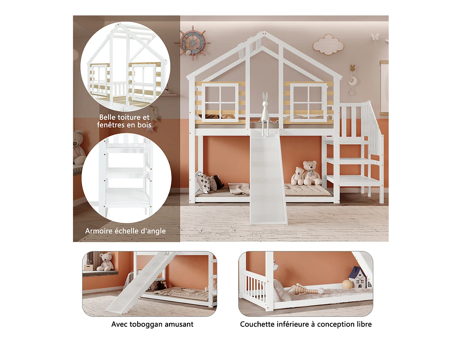 Lit superposé enfant - 2 x 90 x 200 cm - avec escalier + toboggan + fenêtre - lit cabane - bois + MDF - blanc