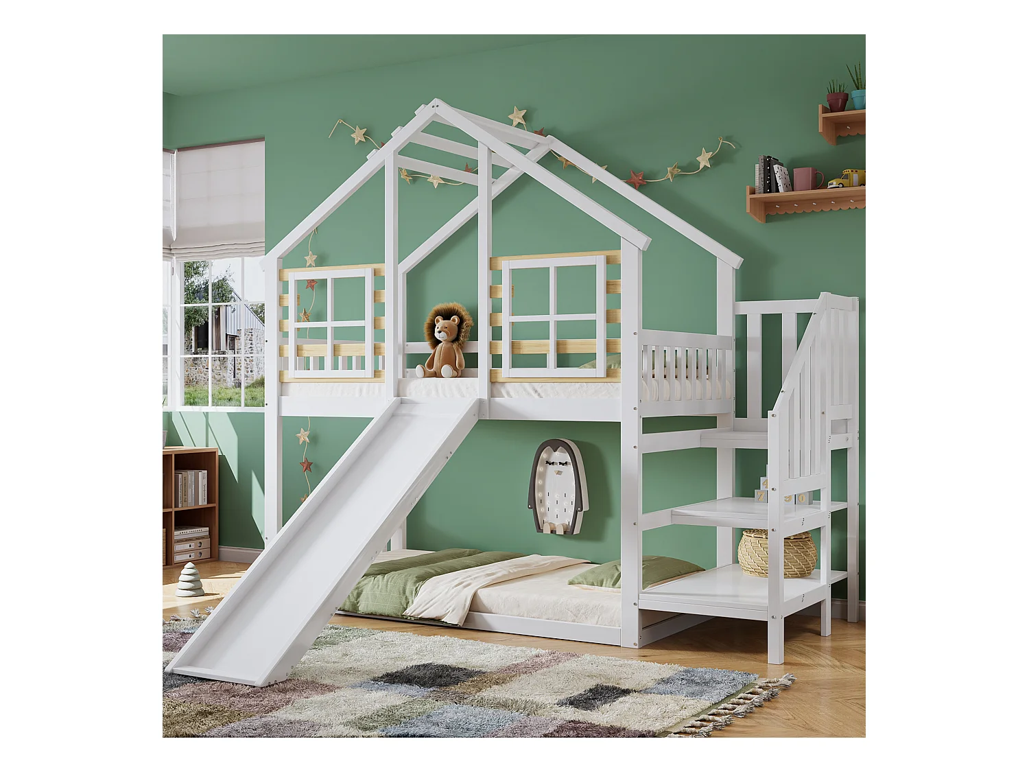 Lit superposé enfant - 2 x 90 x 200 cm - avec escalier + toboggan + fenêtre - lit cabane - bois + MDF - blanc