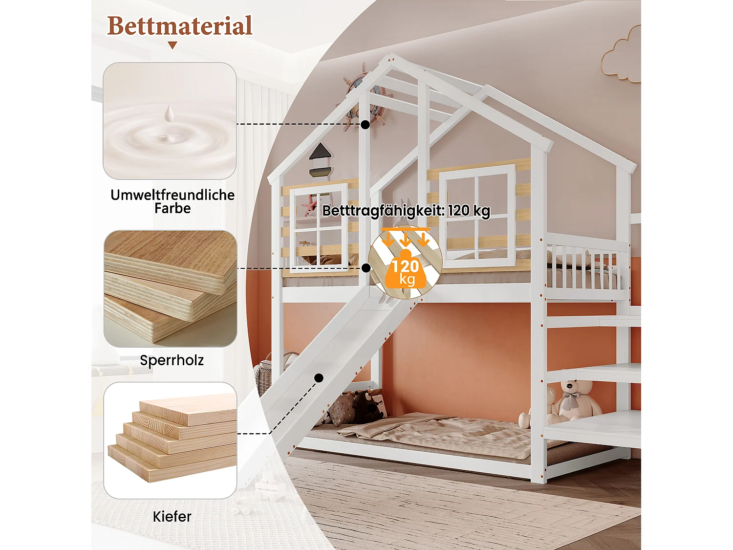 Lit superposé enfant - 2 x 90 x 200 cm - avec escalier + toboggan + fenêtre - lit cabane - bois + MDF - blanc