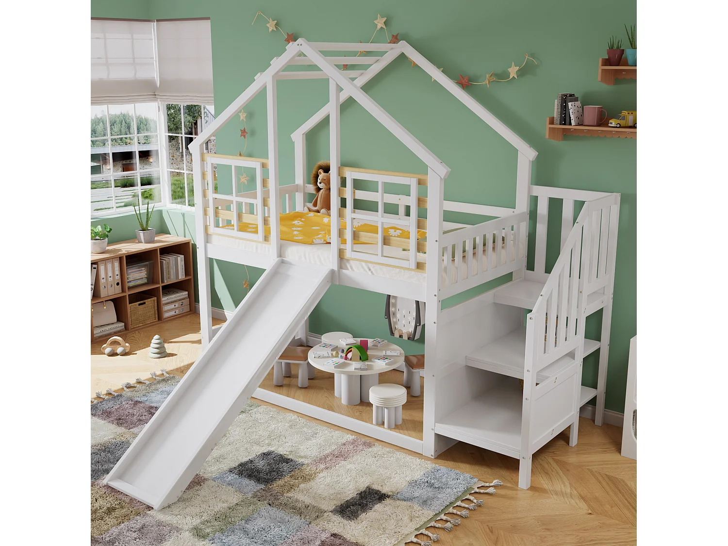 Letto a castello per bambini - 2 x 90 x 200 cm - con scale + scivolo + finestra - letto a soppalco - legno + MDF - bianco