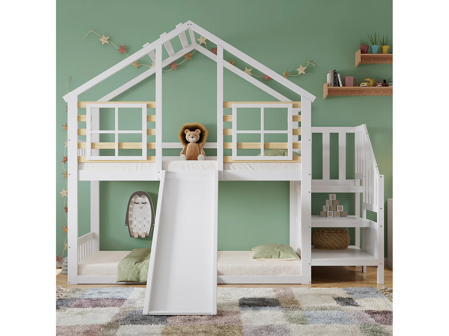 Letto a castello per bambini - 2 x 90 x 200 cm - con scale + scivolo + finestra - letto a soppalco - legno + MDF - bianco