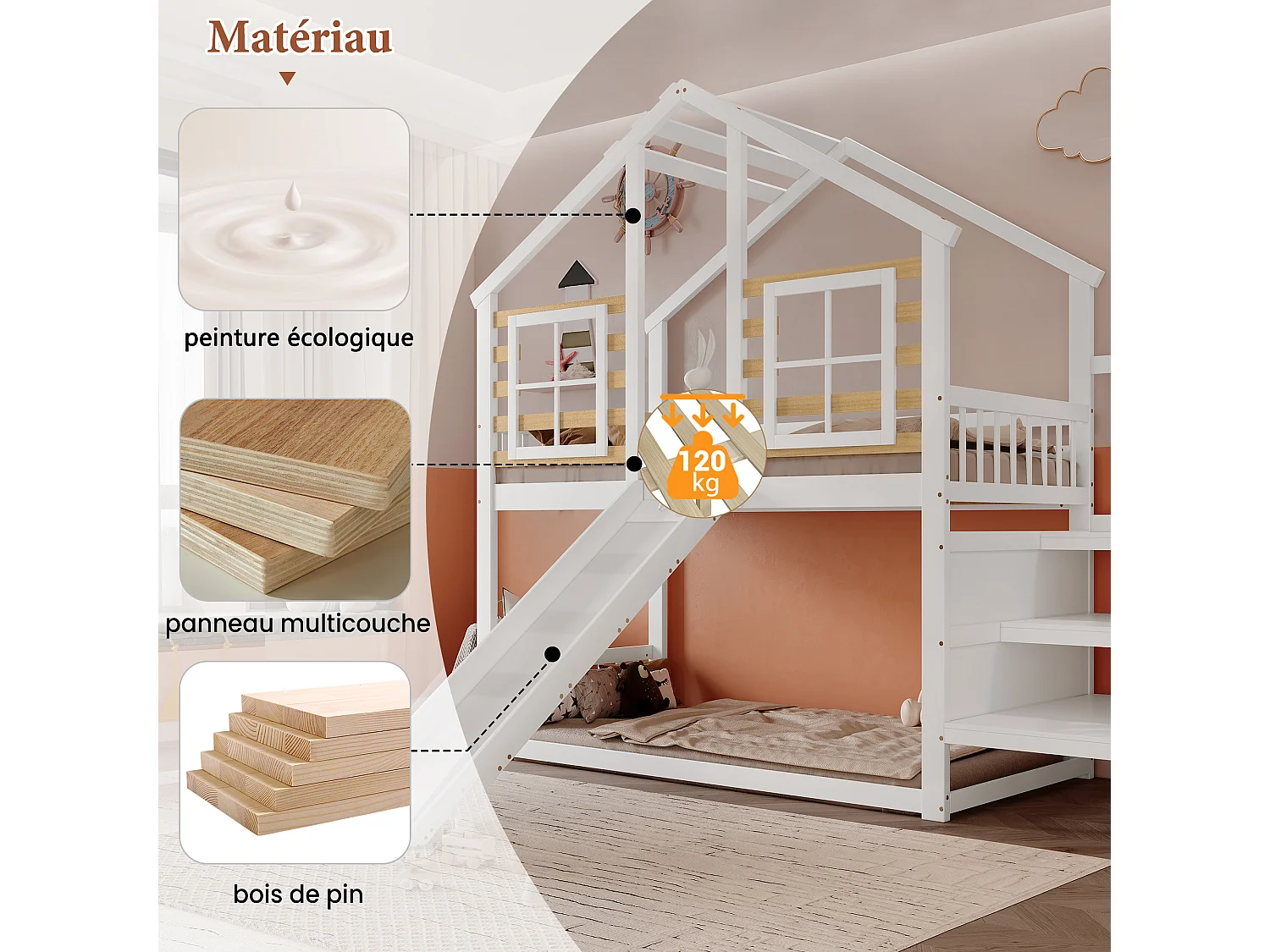 Letto a castello per bambini - 2 x 90 x 200 cm - con scale + scivolo + finestra - letto a soppalco - legno + MDF - bianco