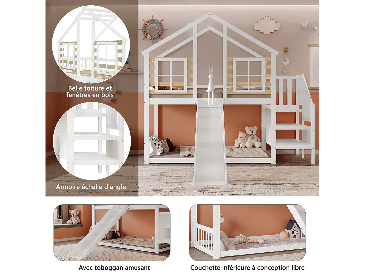 Letto a castello per bambini - 2 x 90 x 200 cm - con scale + scivolo + finestra - letto a soppalco - legno + MDF - bianco