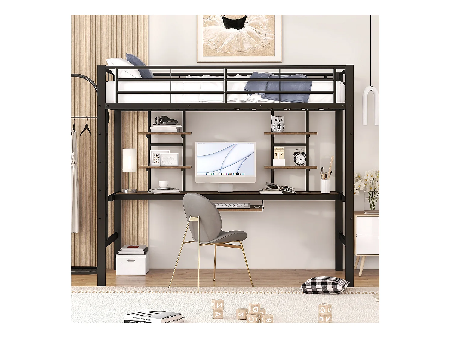 Lit superposé en métal avec bureau et étagères, 90x200 cm, noir (204x95x180 cm)